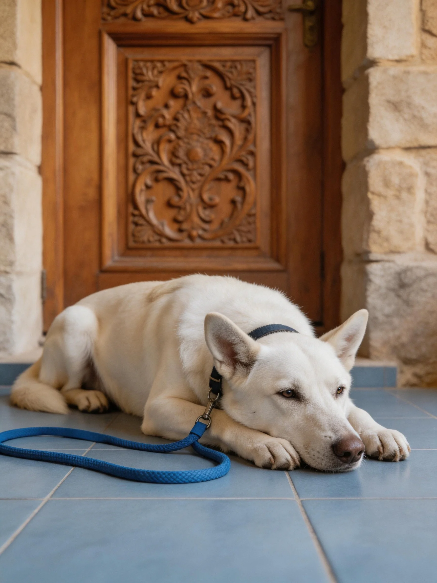 A white dog lies near an elaborately carved wooden door with a blue leash.