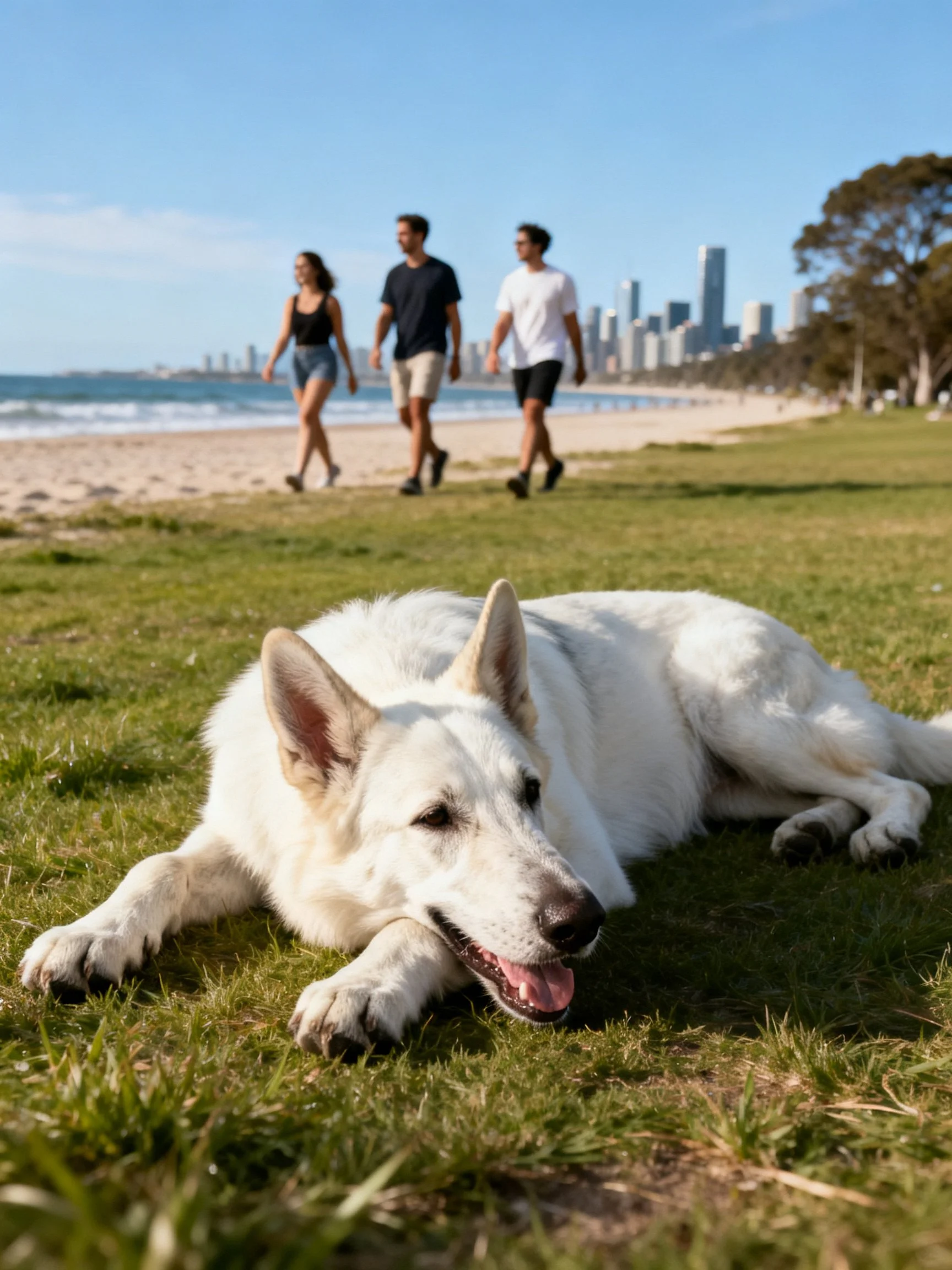 White dog rests on grass by beach as three people walk toward city skyline