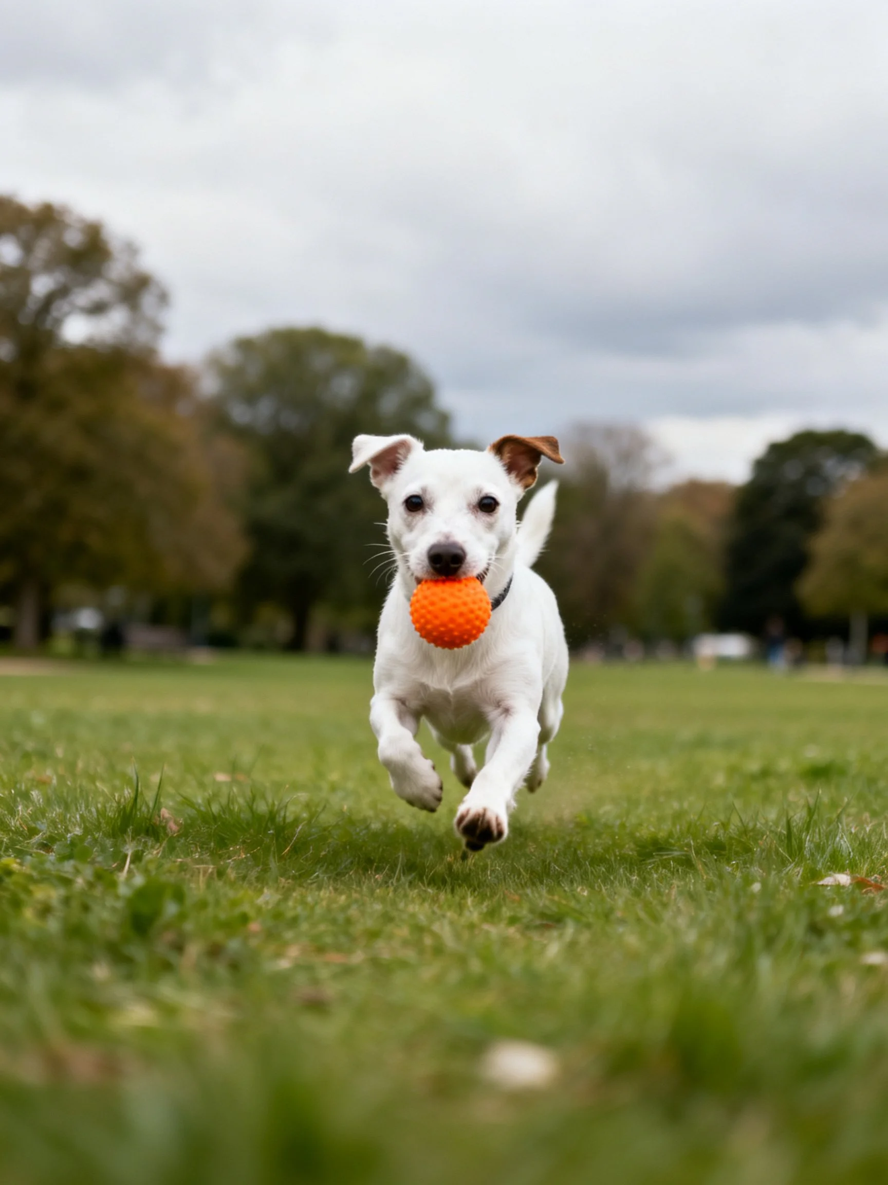 A white dog carries an orange ball while running through a grassy outdoor space.