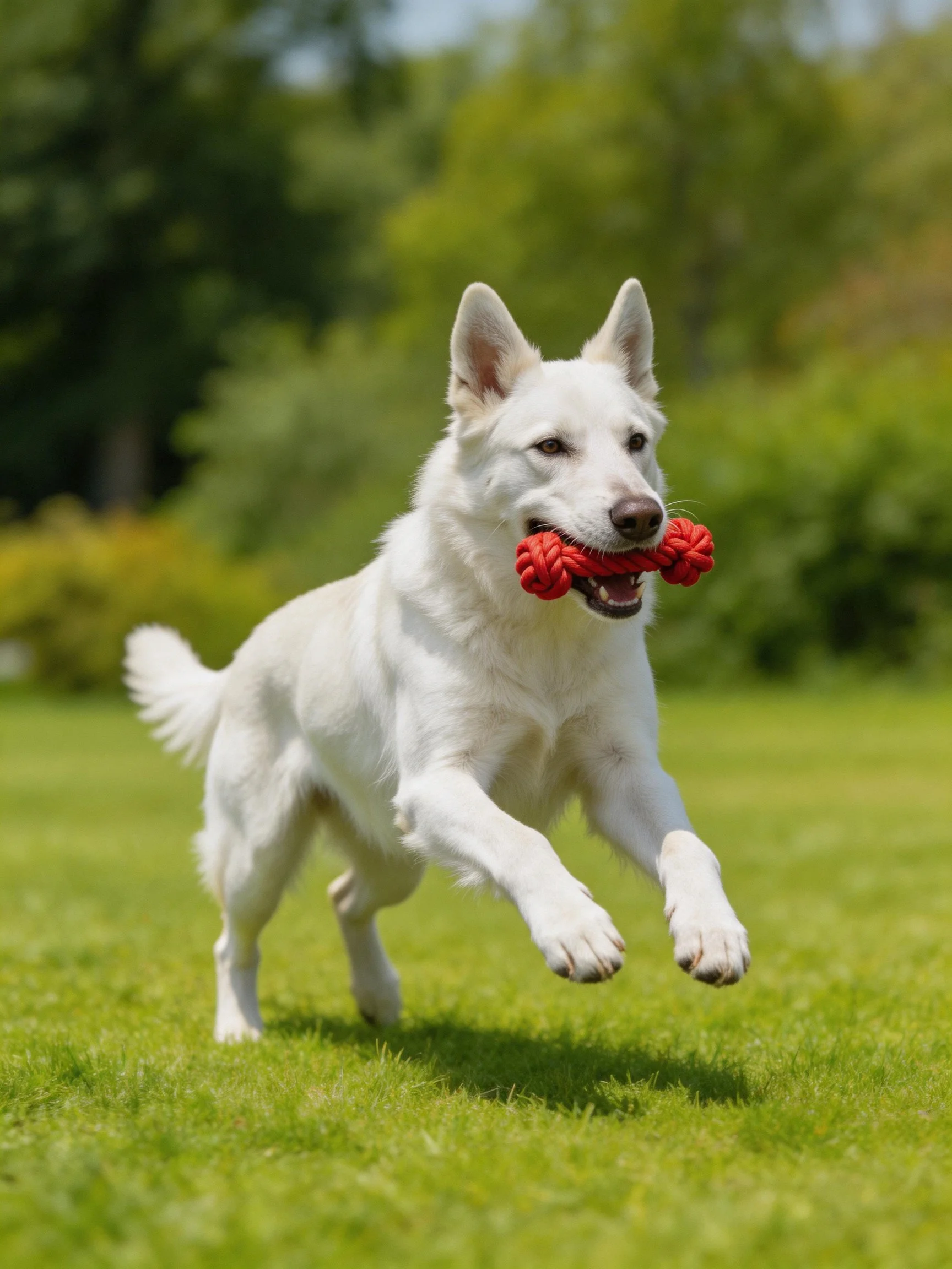 A white dog runs outdoors carrying a red rope toy.