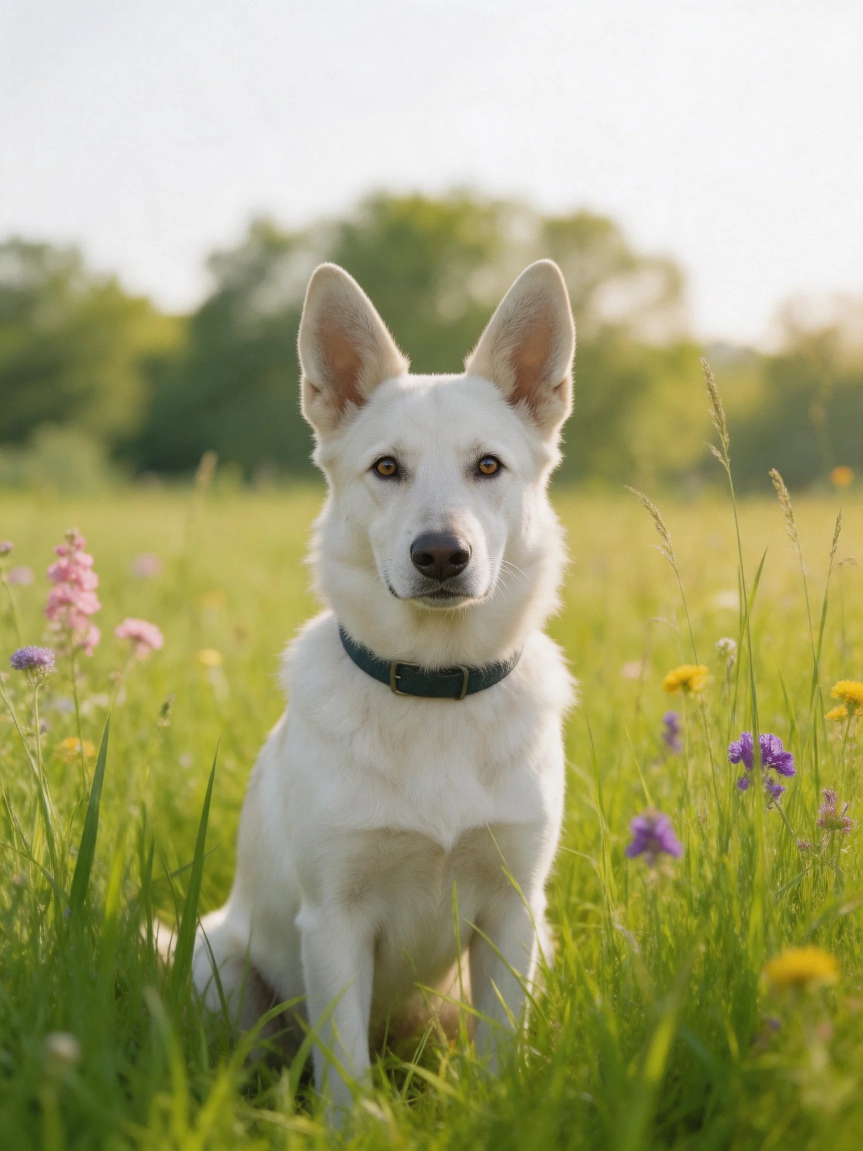 A white dog sits calmly among colorful wildflowers and tall grass in a sunny meadow.