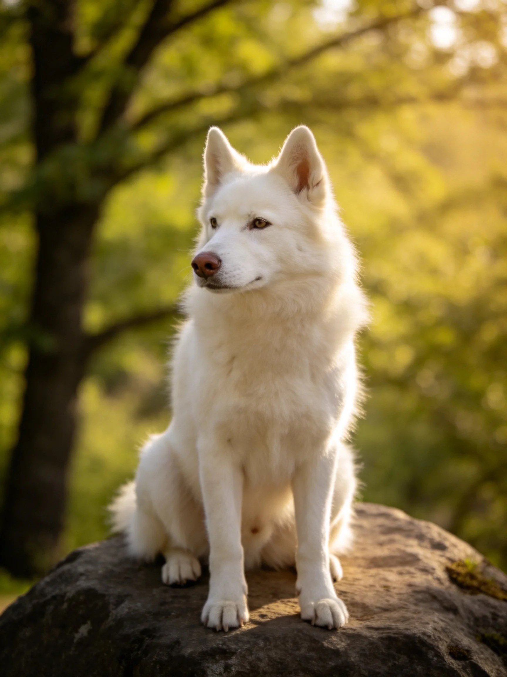 A white dog sits calmly on a rock within sunlit forest scenery.
