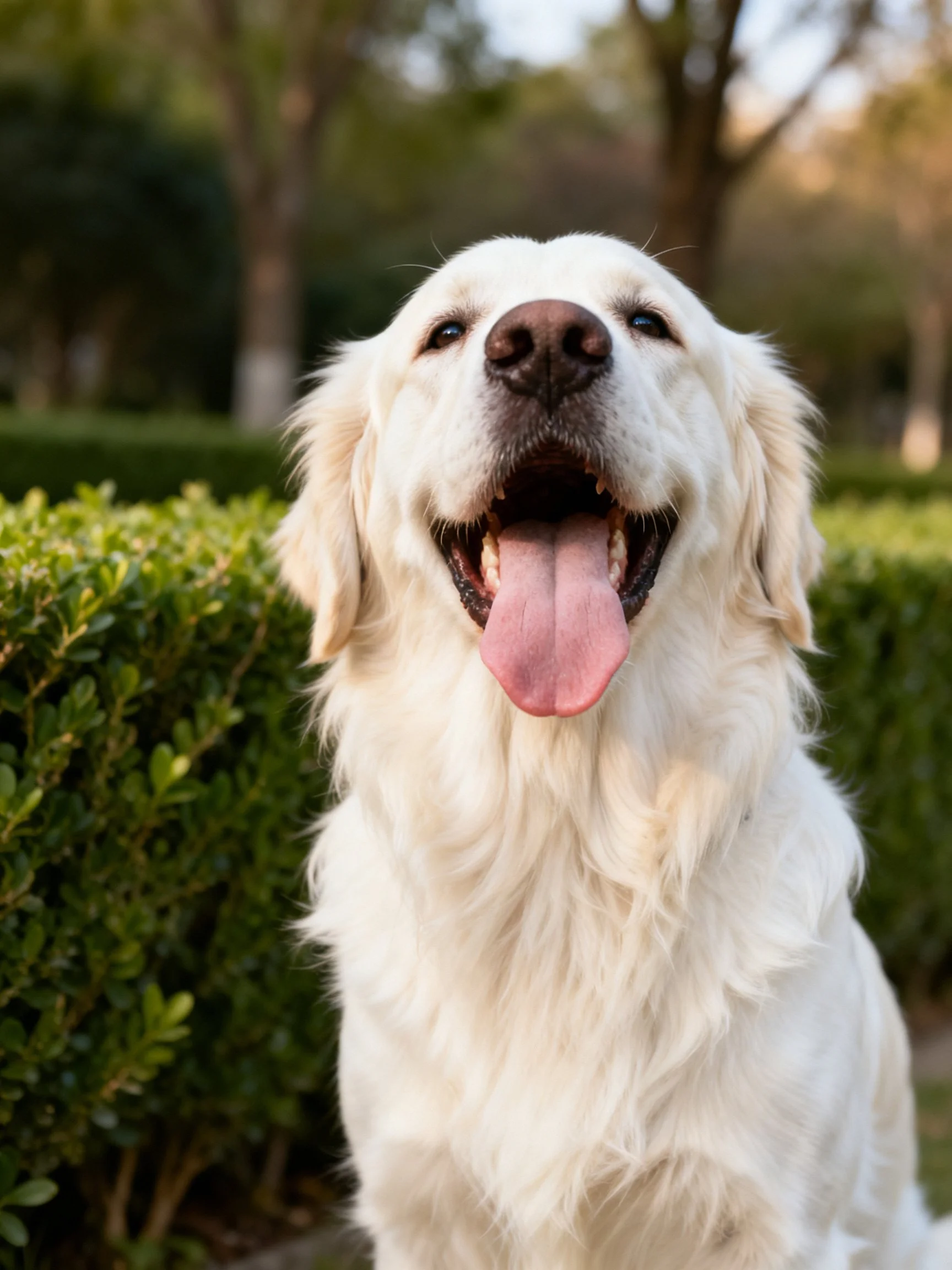 A white dog smiles happily near green shrubs under bright sunlight.