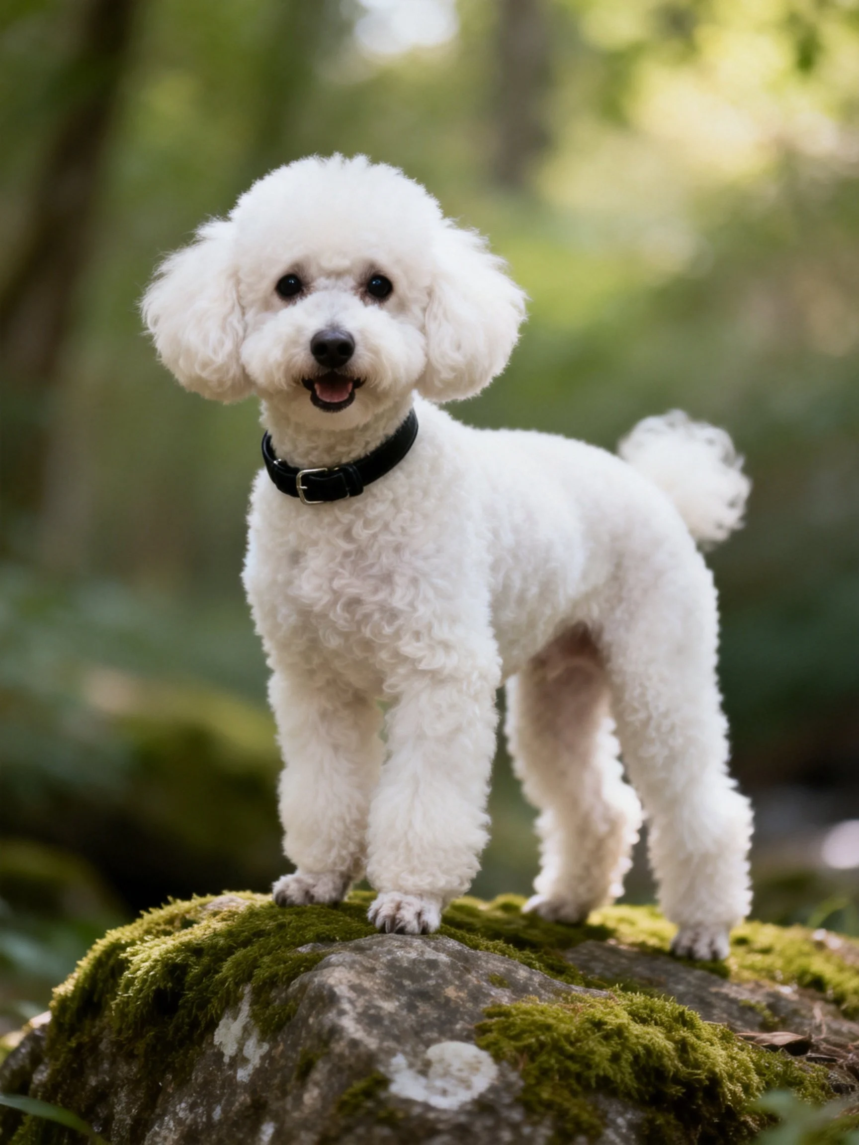 A white dog stands on a mossy rock surrounded by a forest backdrop.
