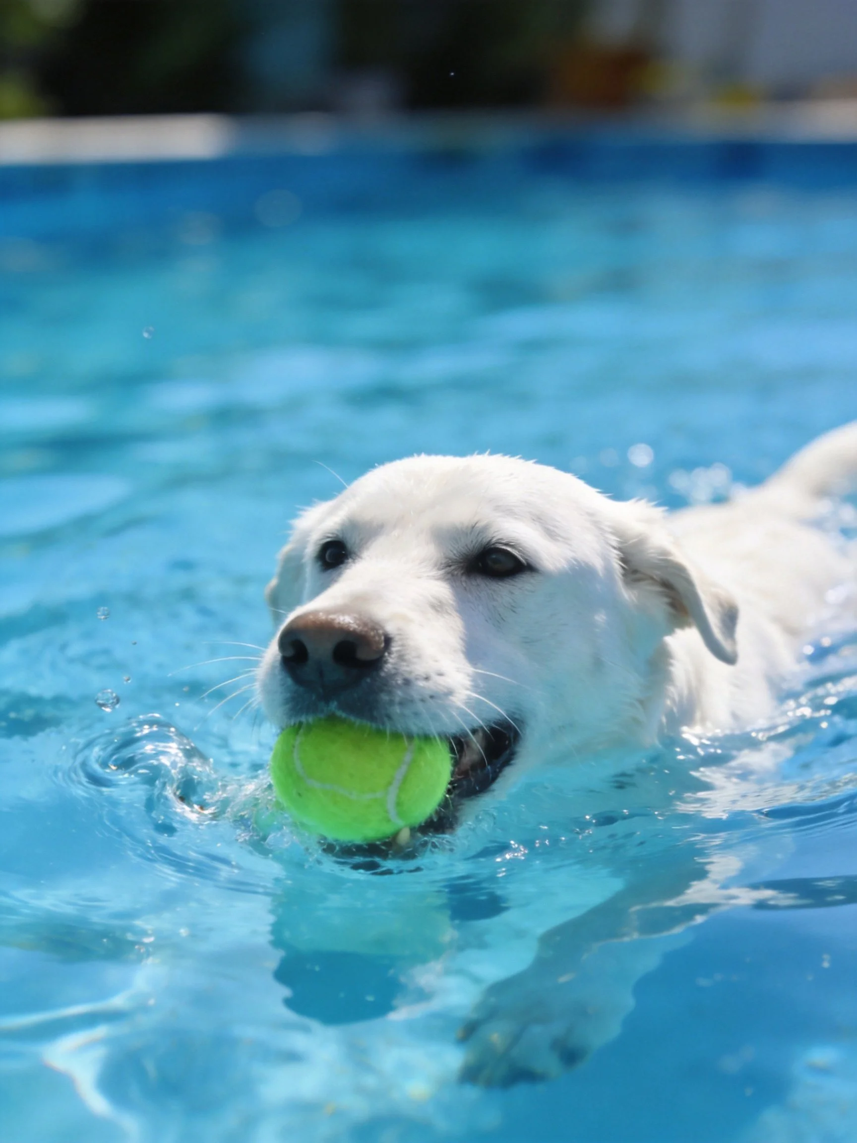 White dog swims in blue pool with green tennis ball