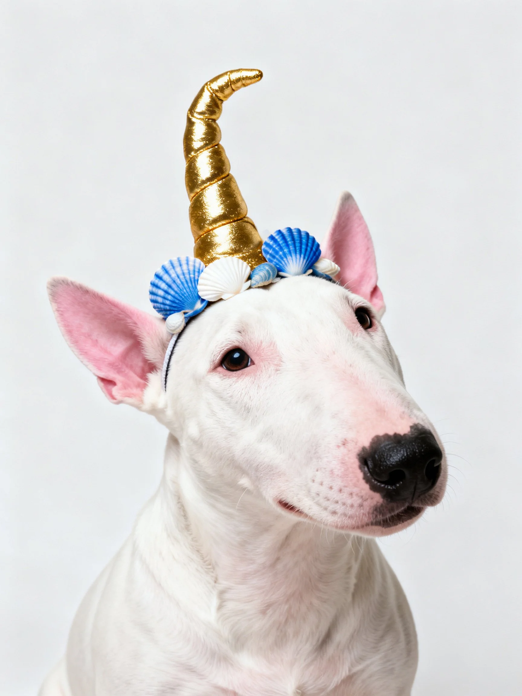 A white dog wears a whimsical headband with a golden hornand seashells.