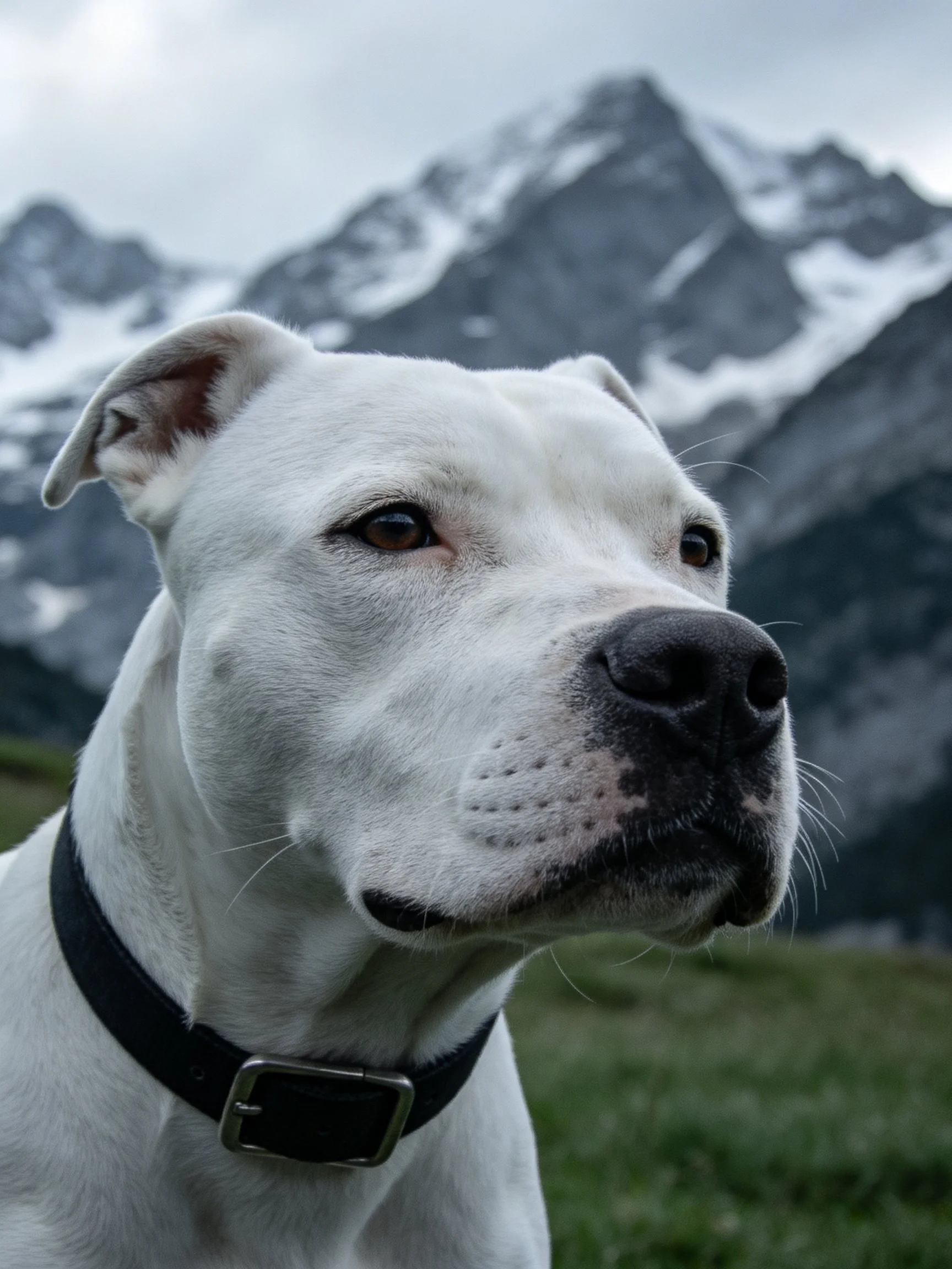 A white dog with a black collar stands before grand snow-capped mountains.
