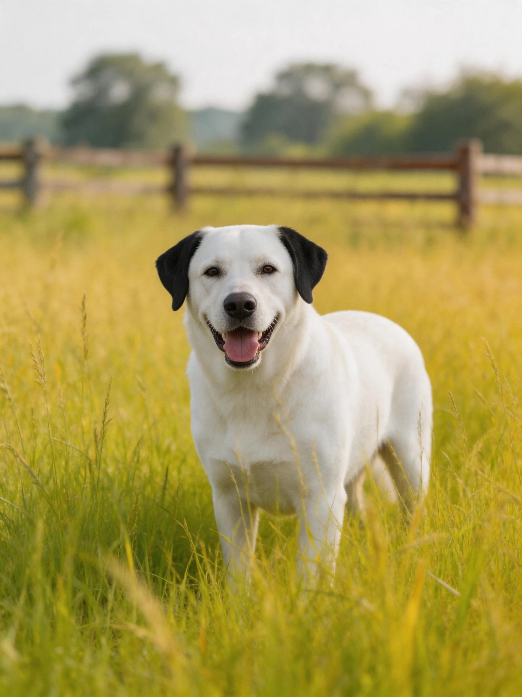 A white dog with black ears stands in tall grass with a wooden fence in the background.