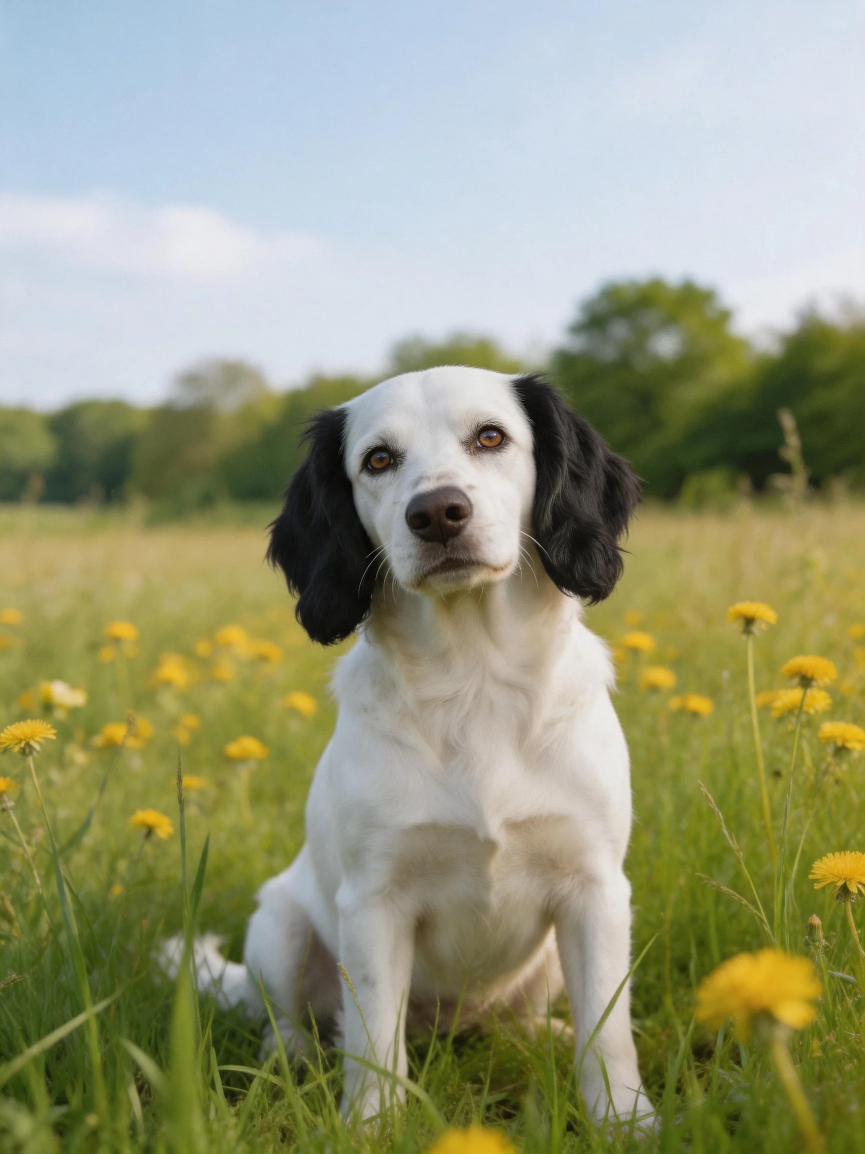 A white dog with black ears sits peacefully among yellow wildflowers in an open field.