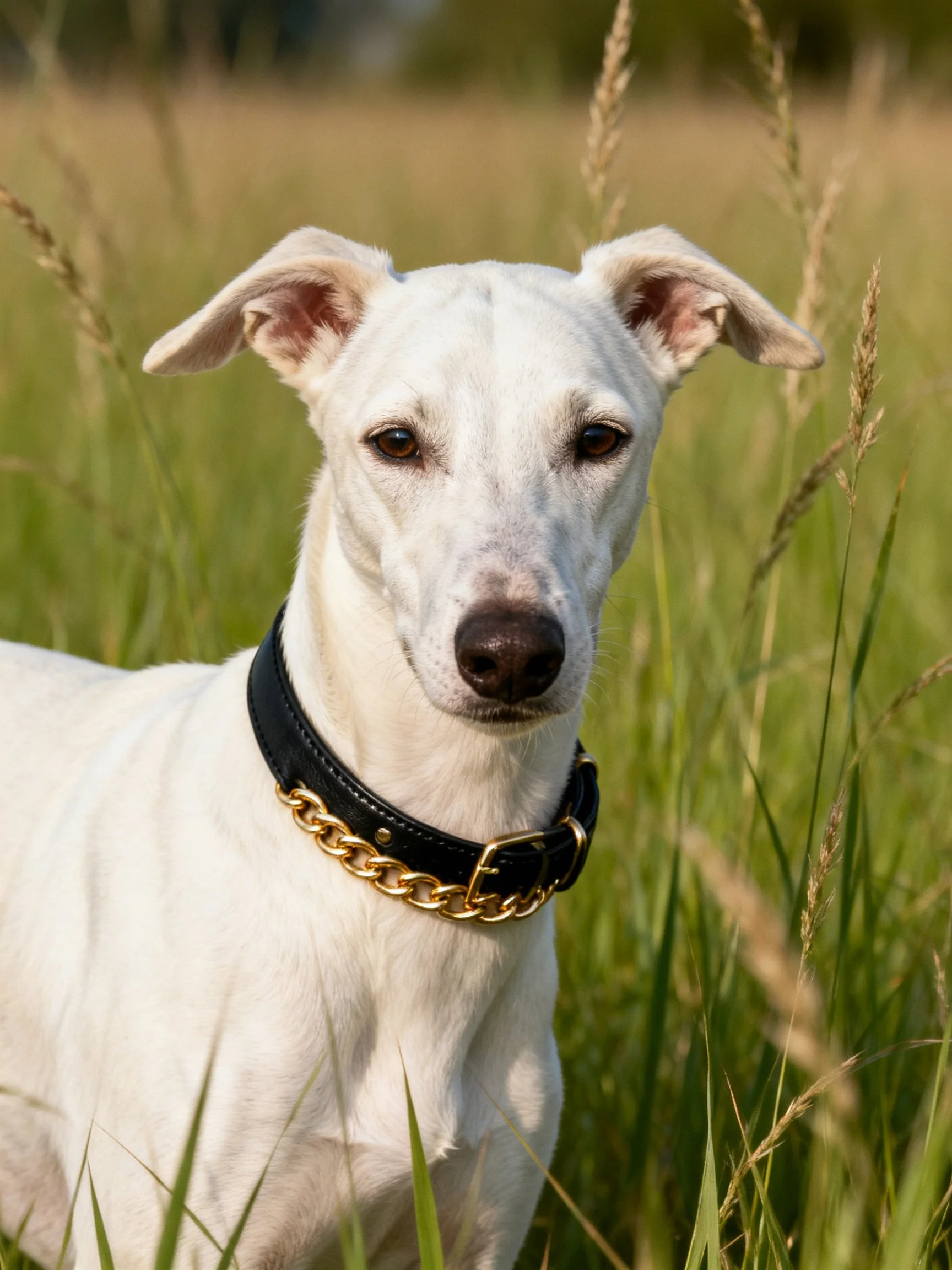 White dog with black leather collar in tall green grass