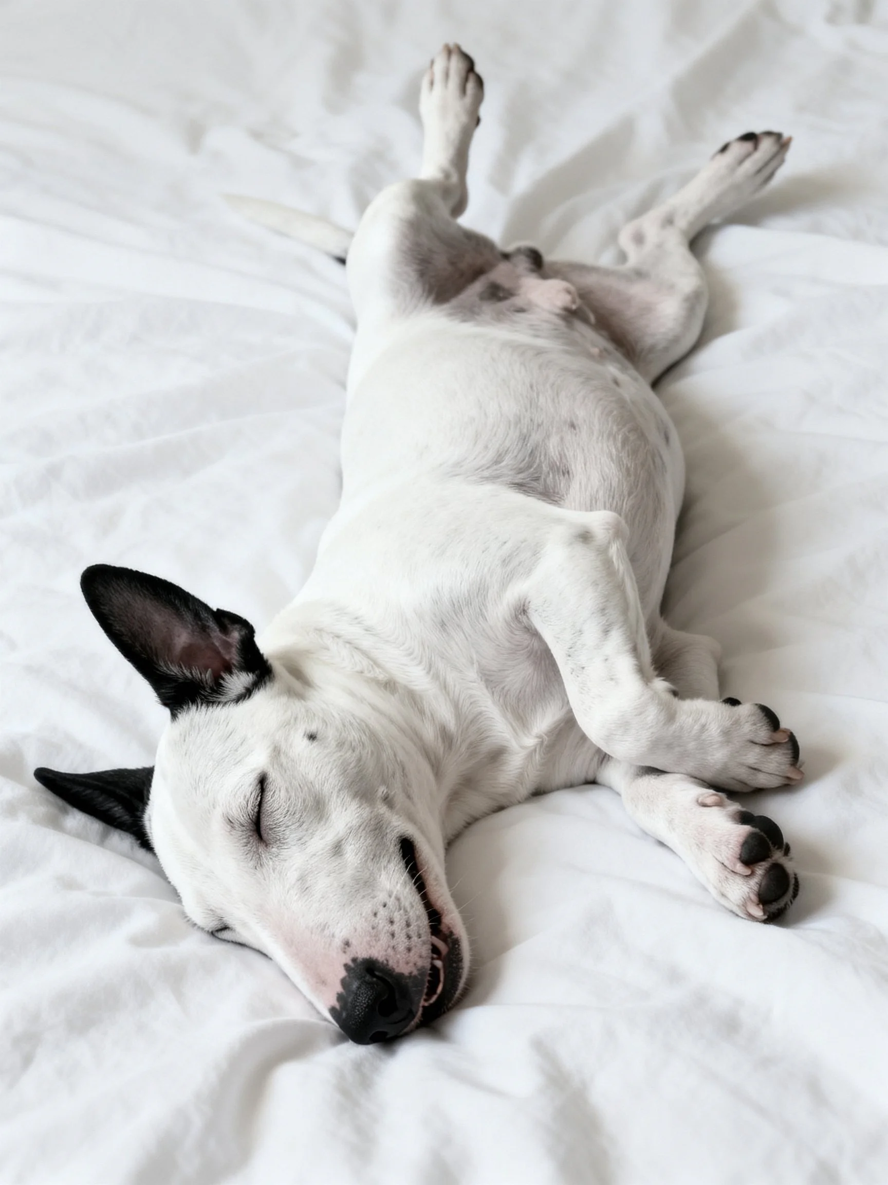 White dog with black details sleeps on white bedding.