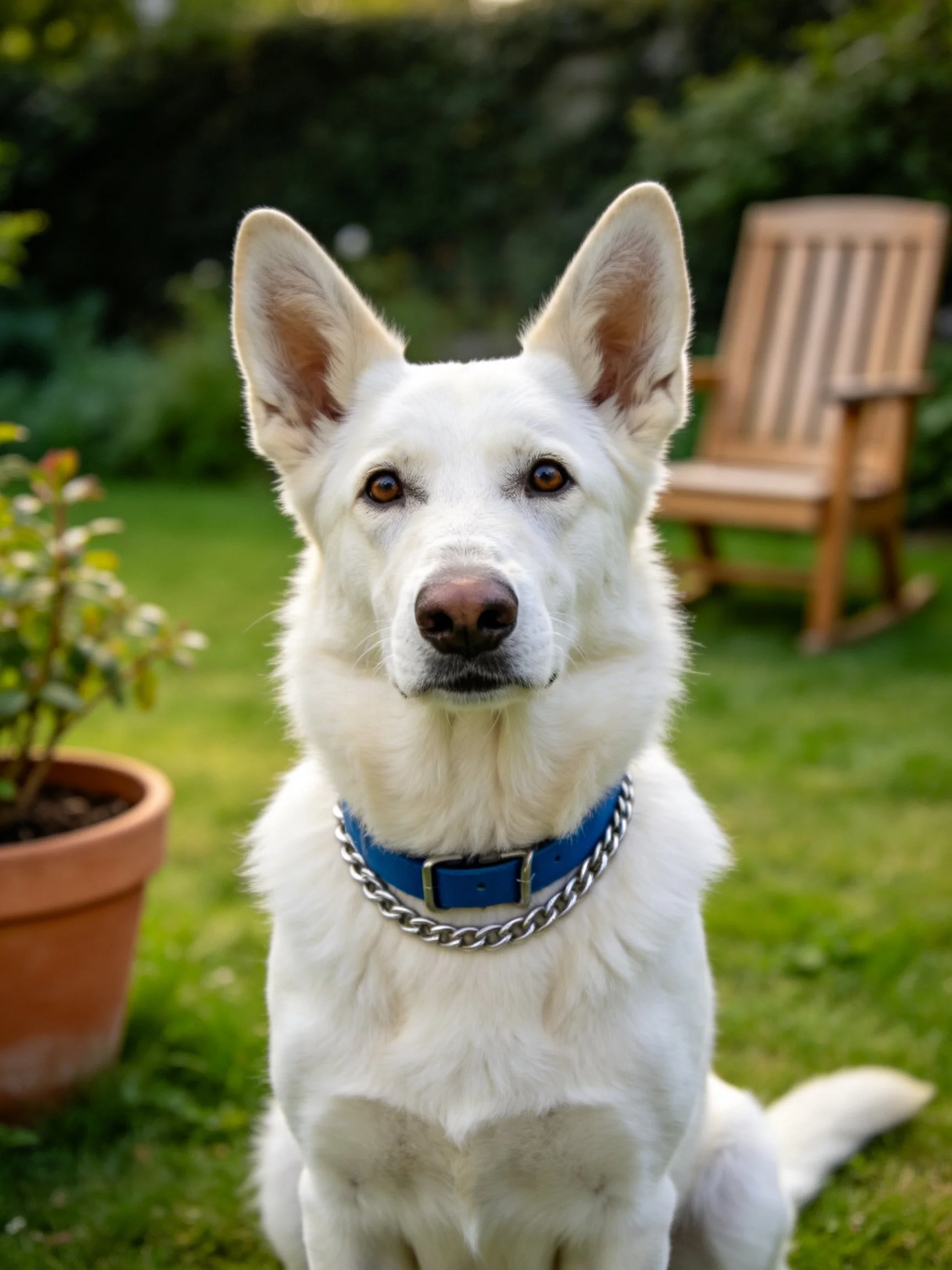 A white dog with a blue collar sits in a green garden.