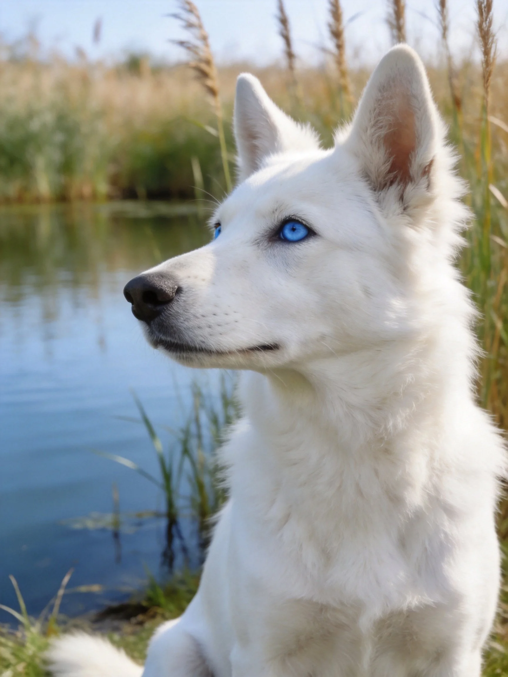 A white dog with blue eyes observes a calm water area with tall grass nearby.