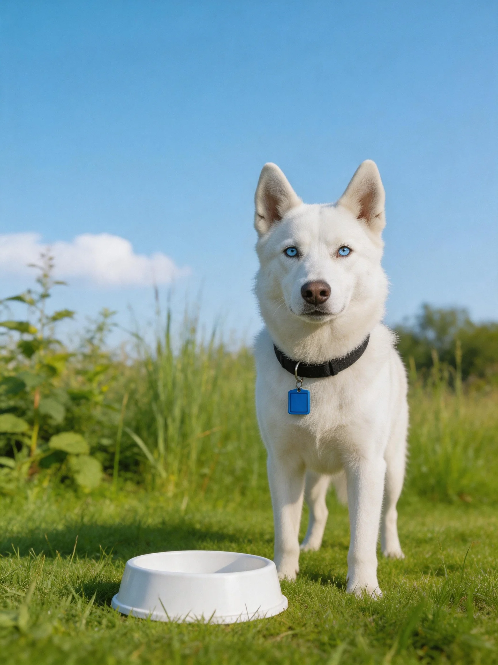 A white dog with blue eyes stands beside a white bowl in an open field.