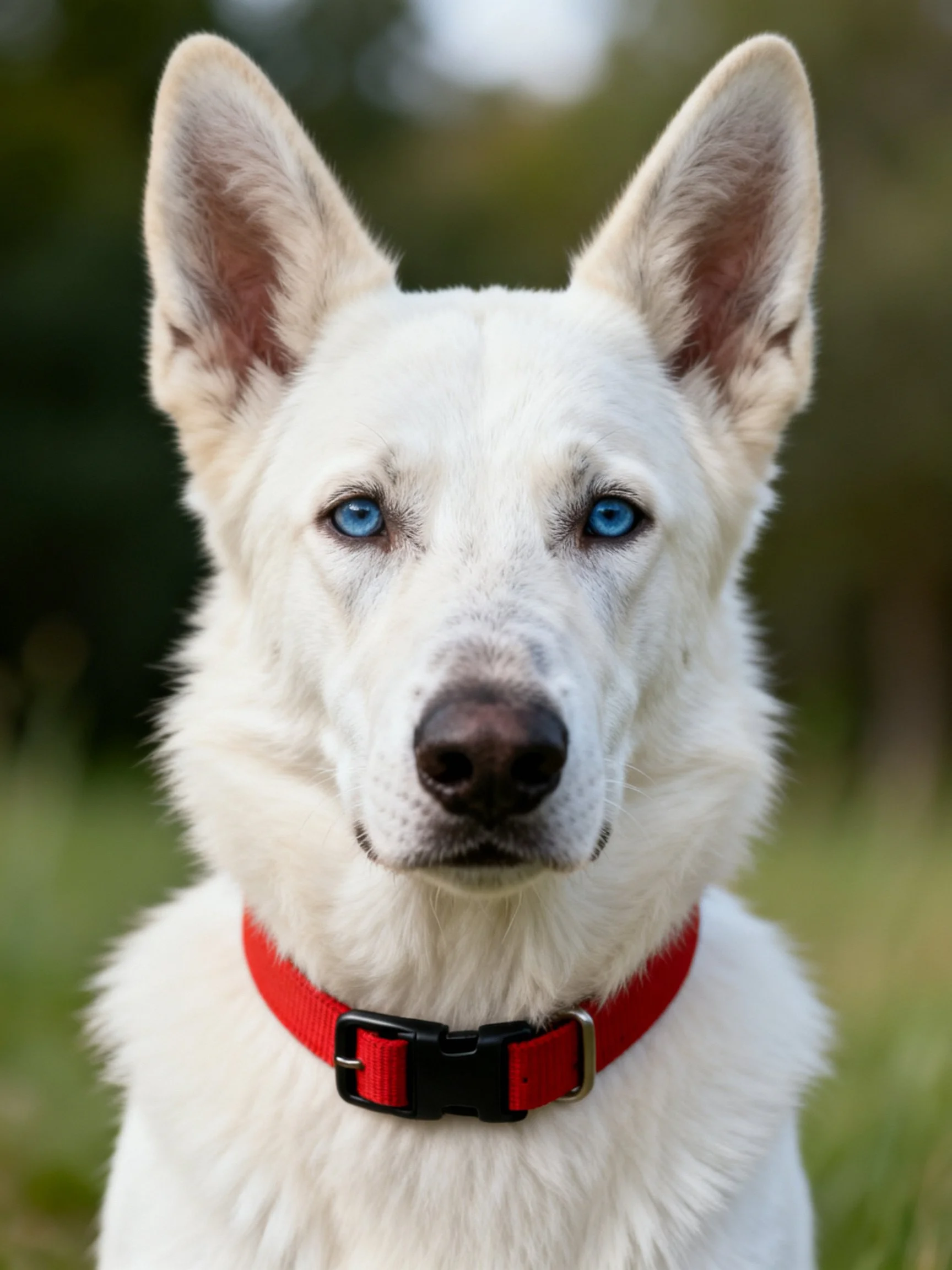 White dog with blue eyes wearing red collar outdoors