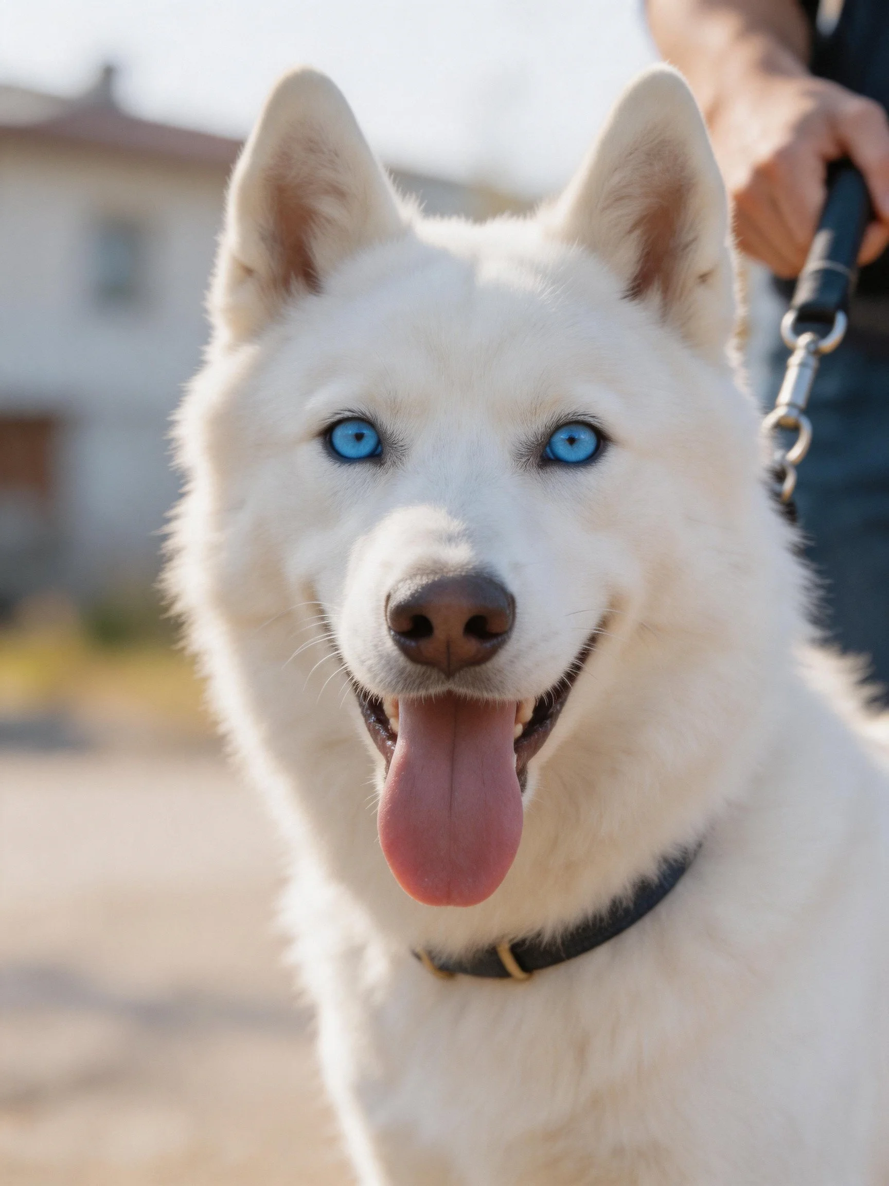 A white dog with blue eyes stands happily on a leash.