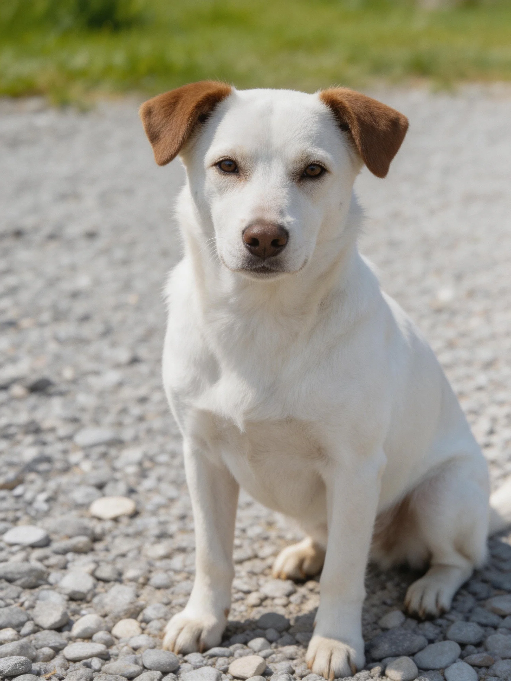 A white dog with brown ears sits calmly on a gravel path outdoors.