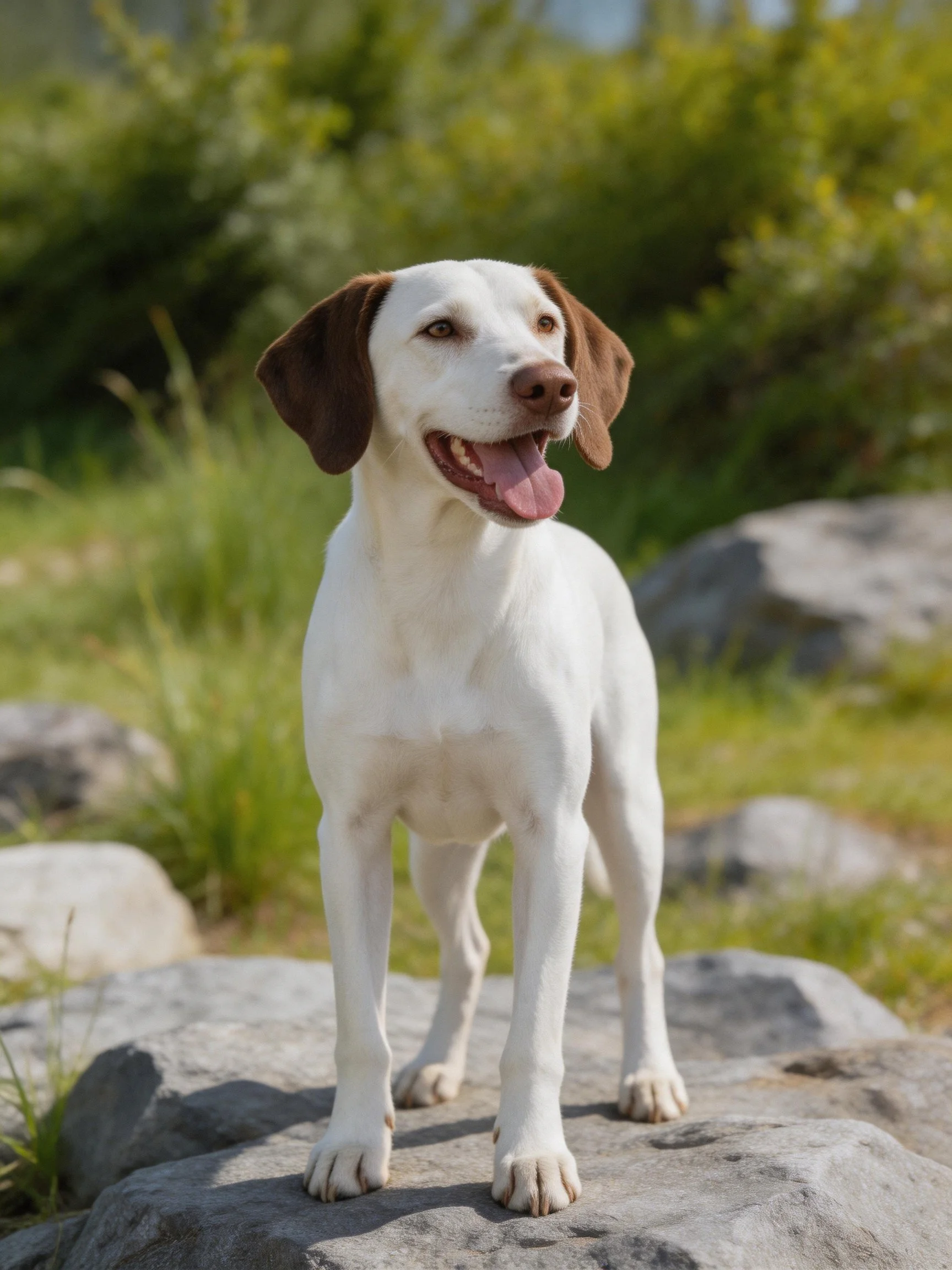 White dog with brown ears stands on gray rocks among greenery