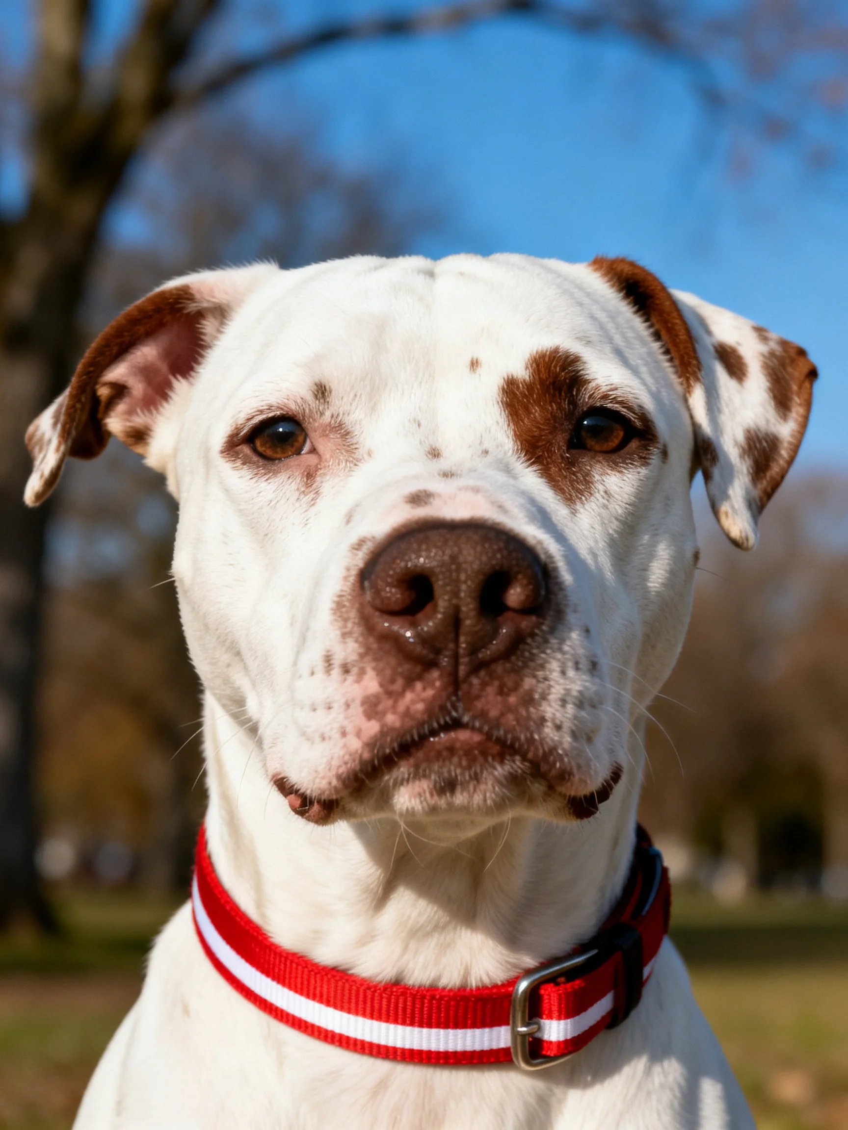 A white dog with brown facial markings wears a red and white collar in an outdoor setting.