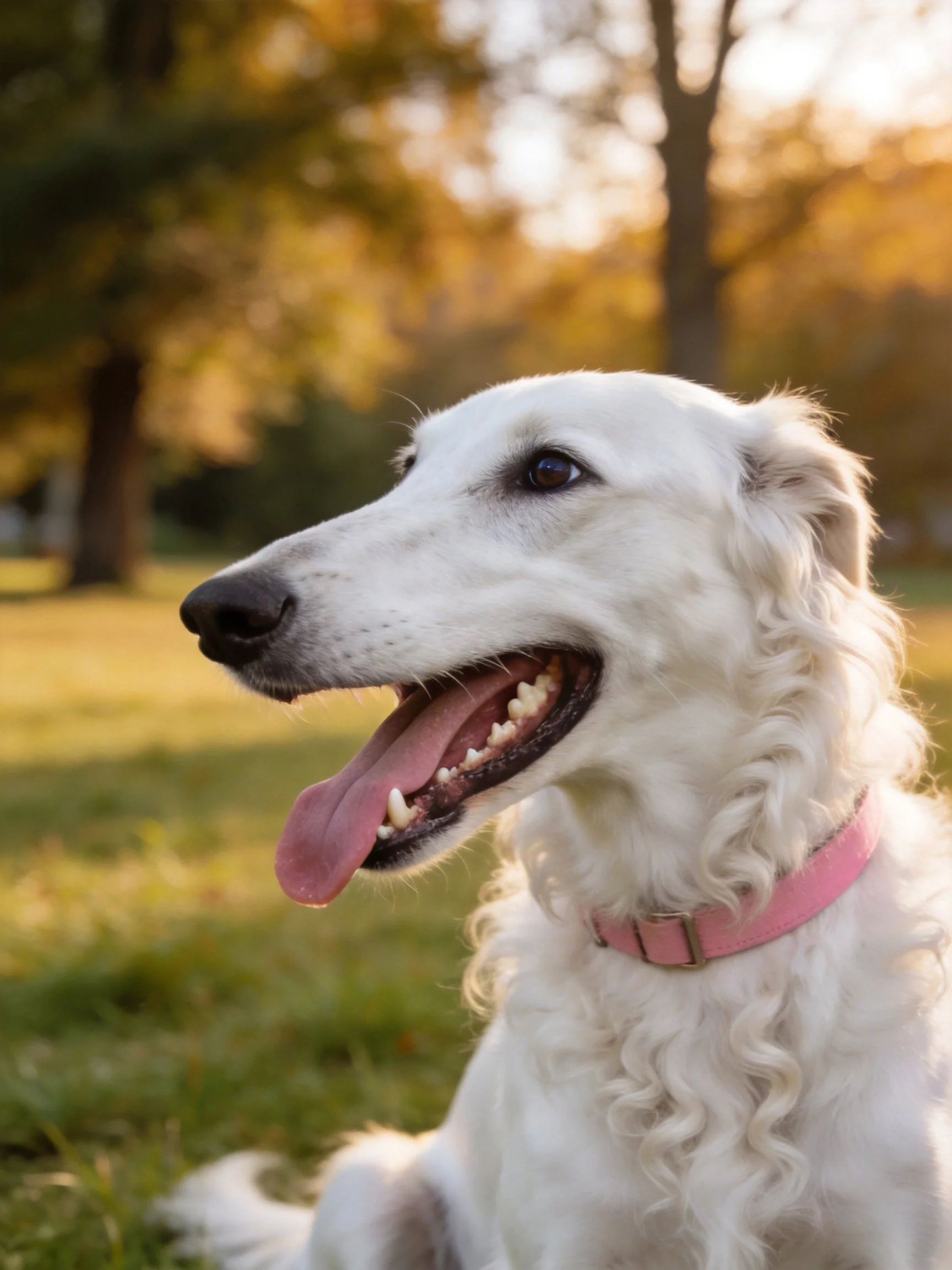 A white dog with a pink collar relaxes in a sunlit outdoor park.