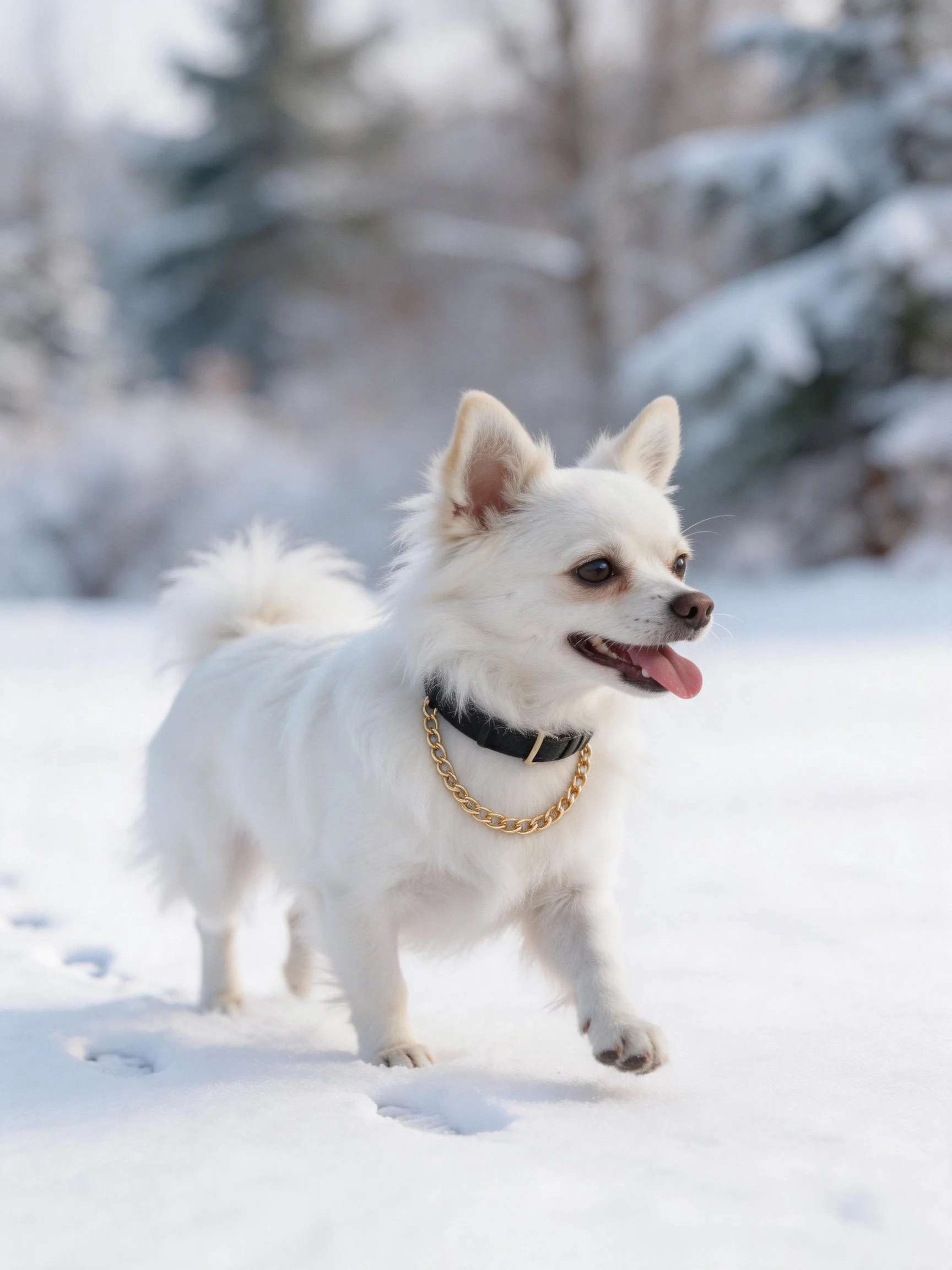 White dog with gold chain collar walking in snowy landscape
