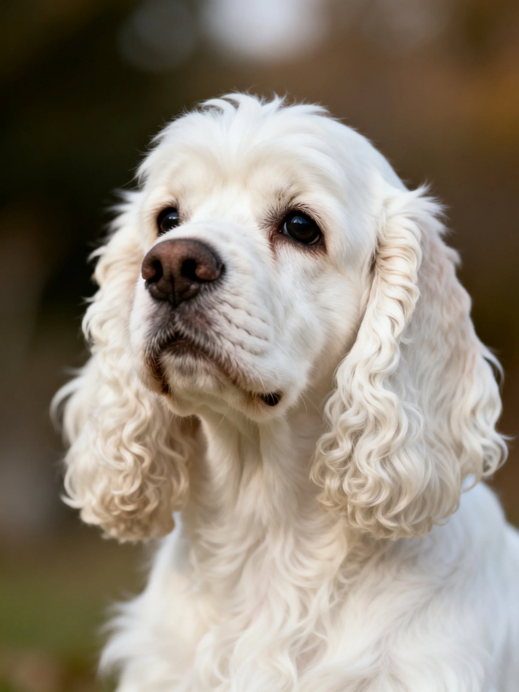 White dog with long curly ears in close - up