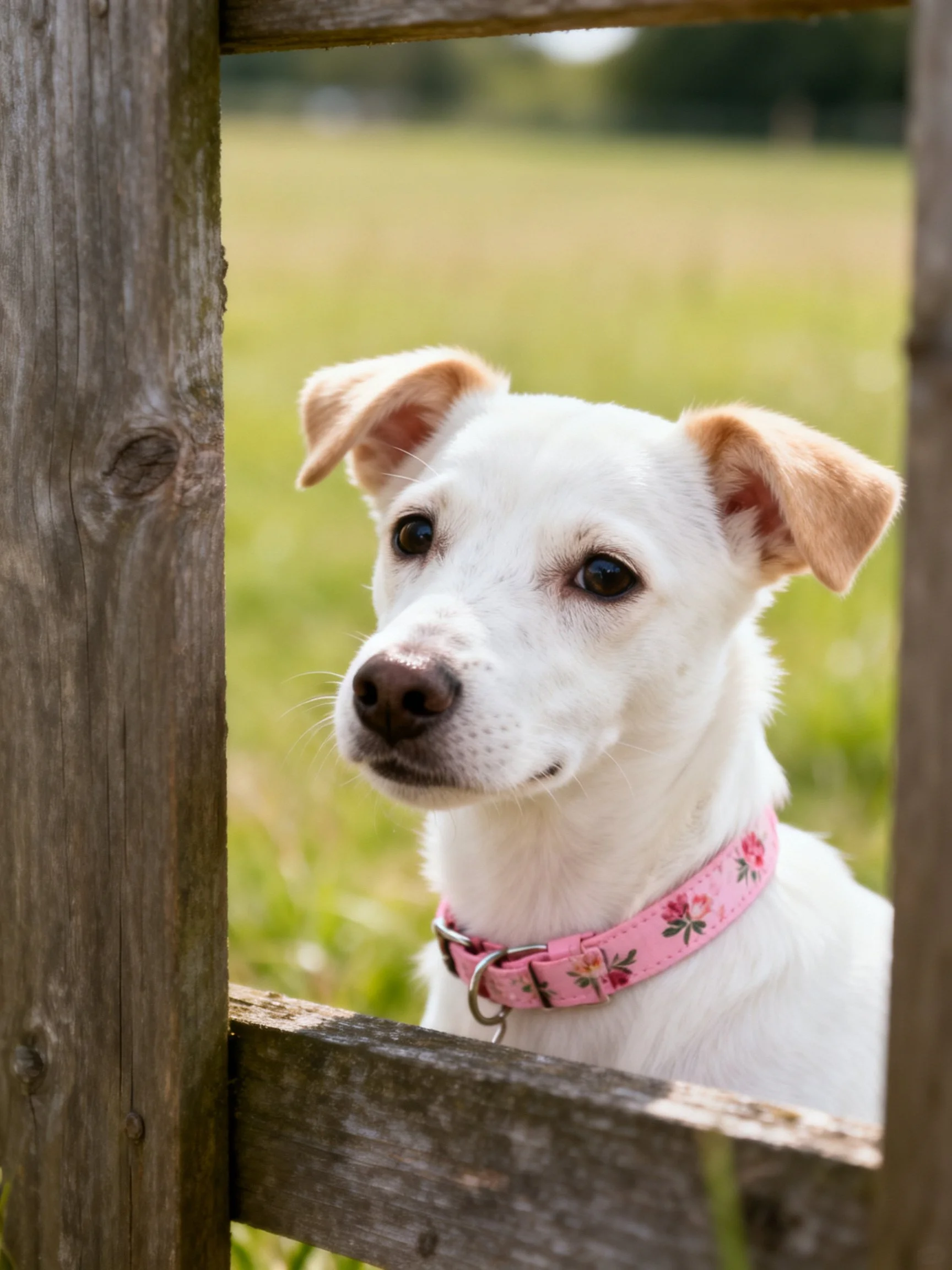 A white dog with a pink floral collar views a green field through an old wooden fence.