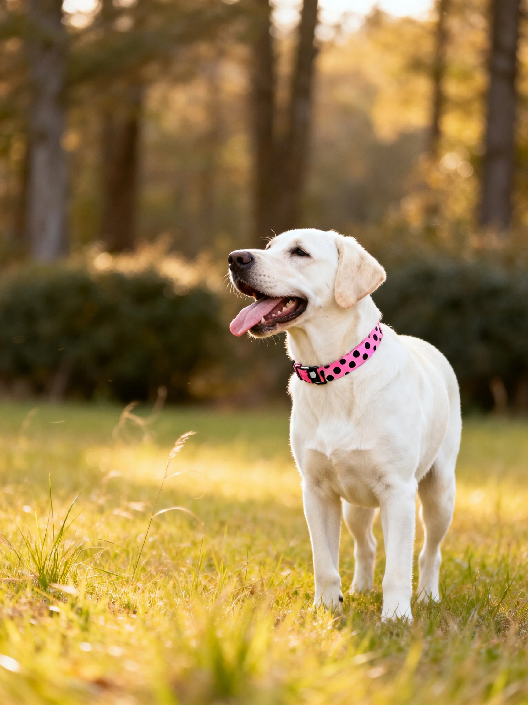 A white dog with a pink polka-dot collar stands on grass in a sunlitwooded area.