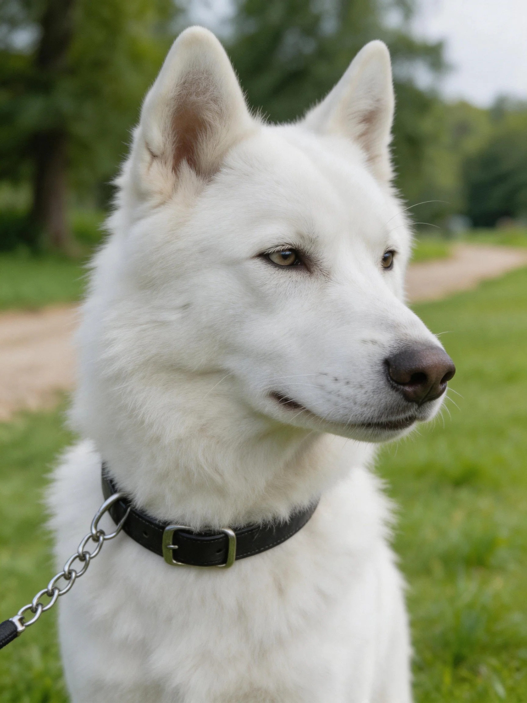 A white dog with a black collar is in a grassy outdoor setting