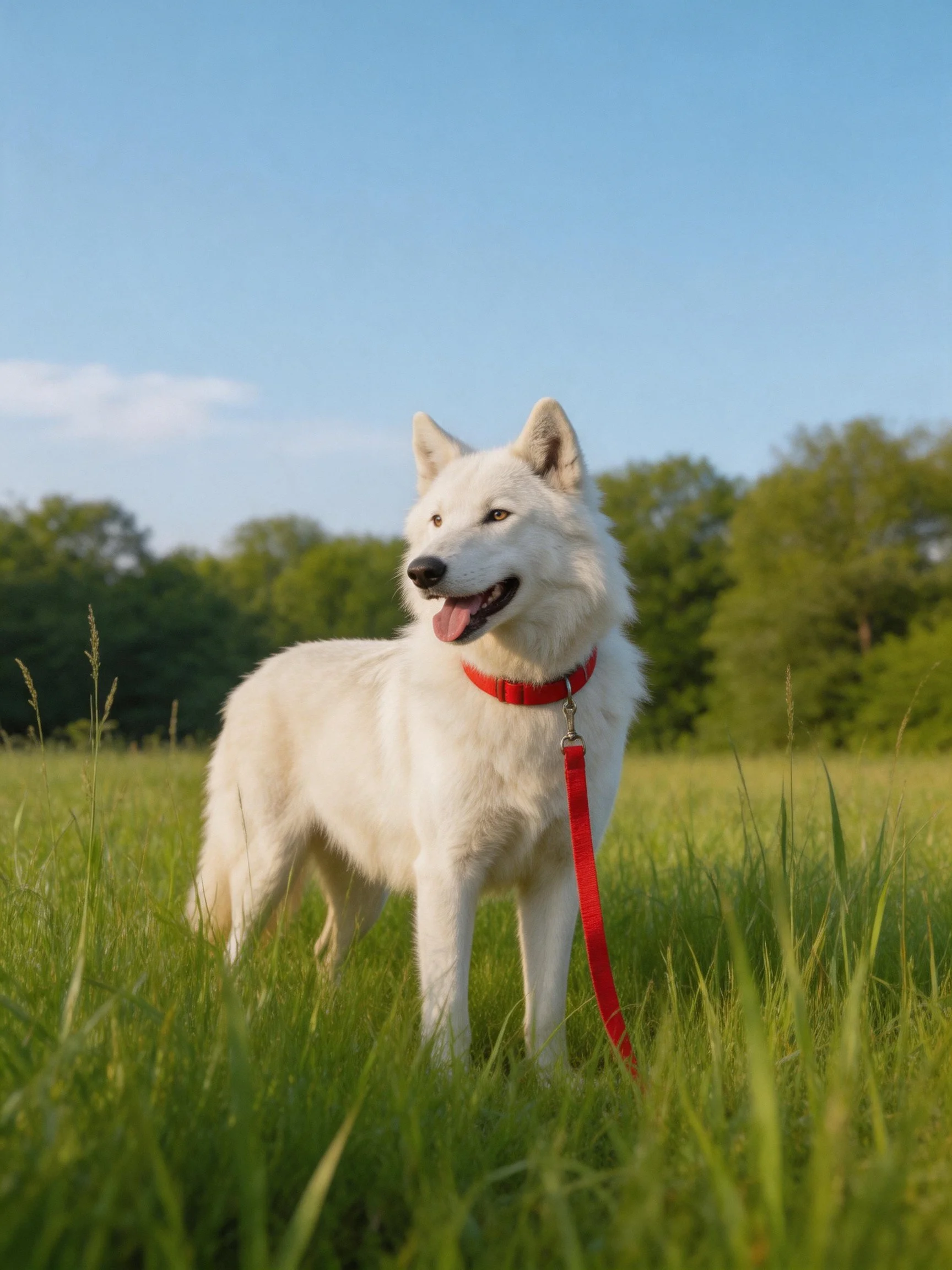 A white dog with a red collar stands in a grassy field near trees and blue sky.