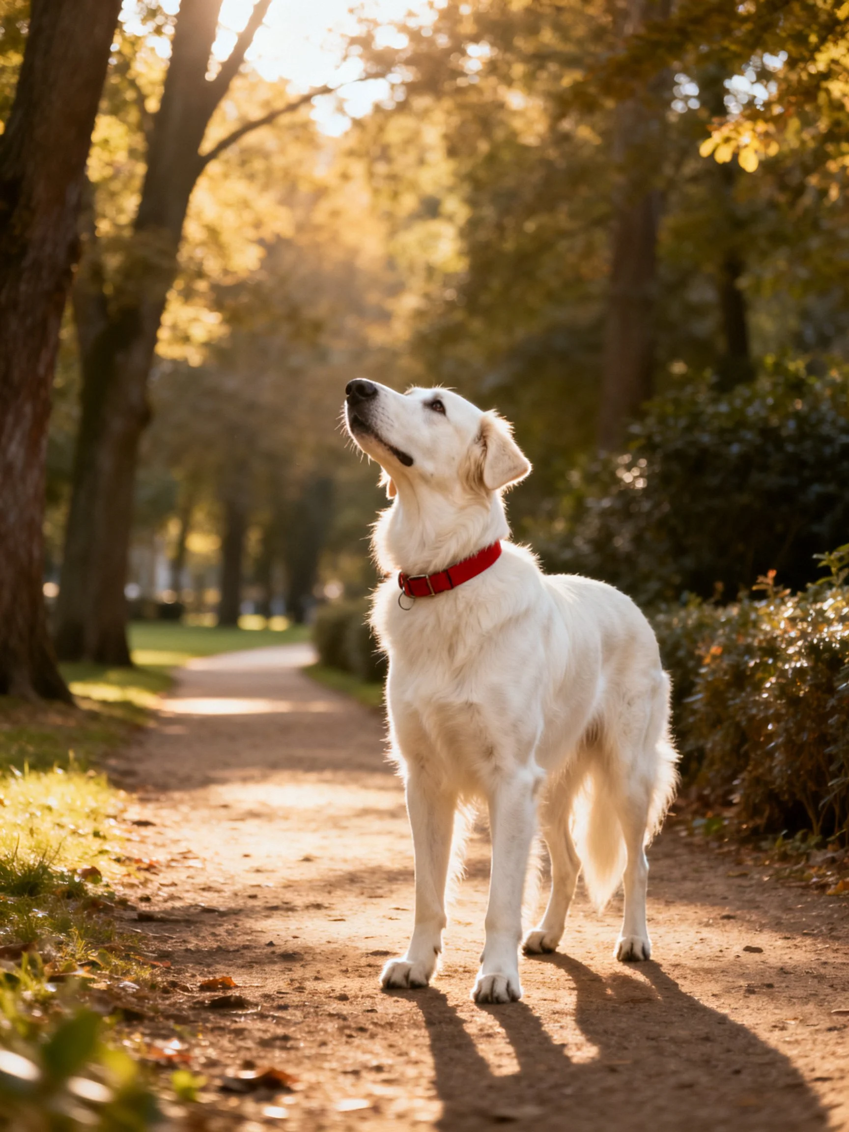 A white dog with a red collar gazes upward on a sunlit path lined with trees.
