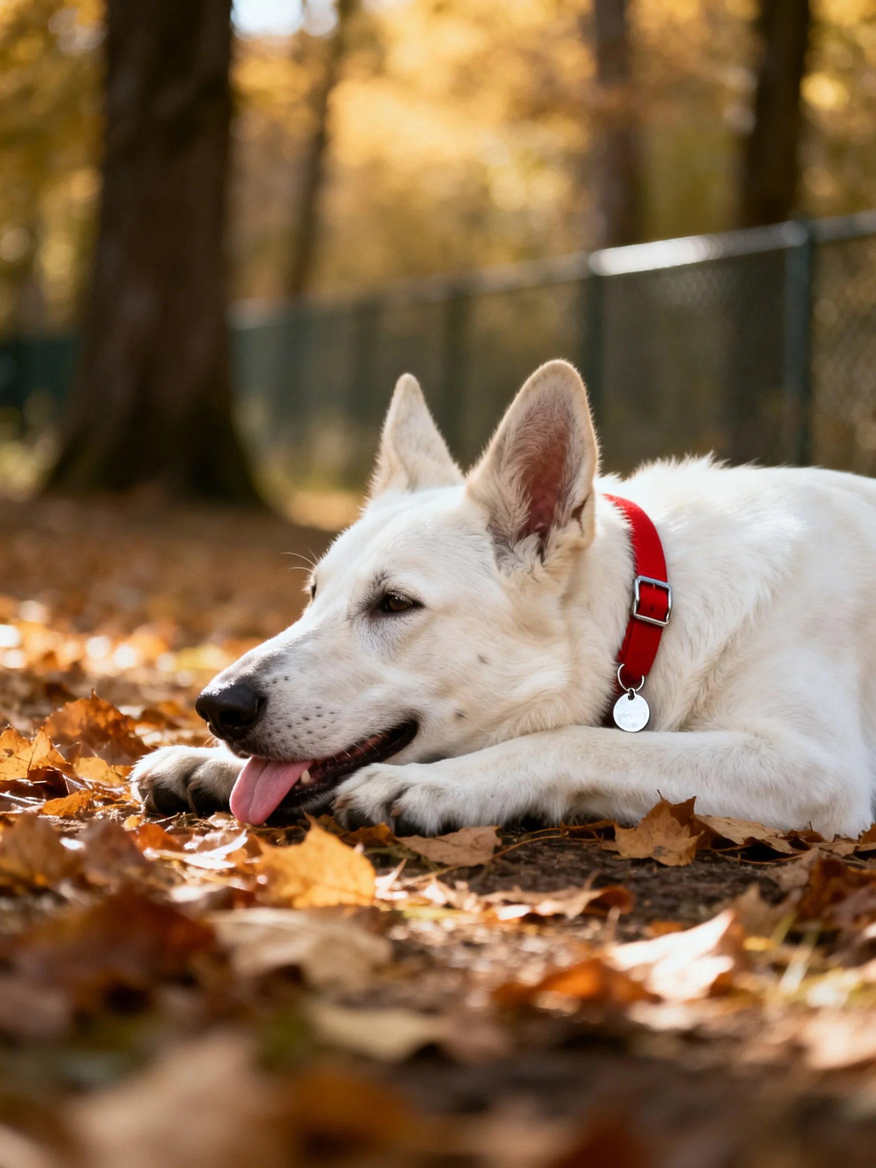 A white dog with a red collar relaxes on autumn leaves in a sunlit wooded area.