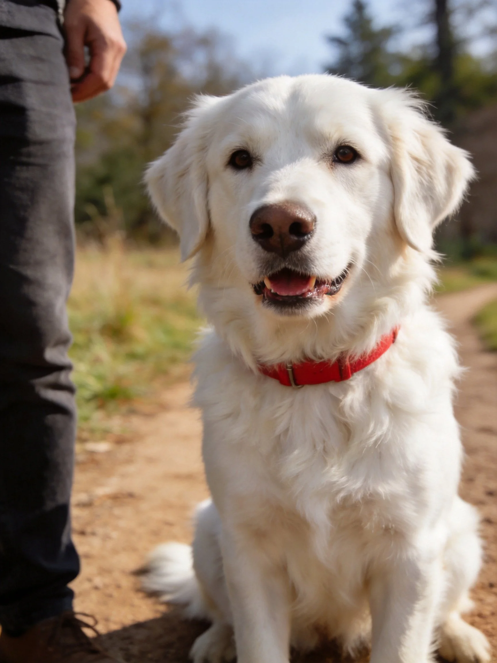 White dog with red collar sits beside person outdoors