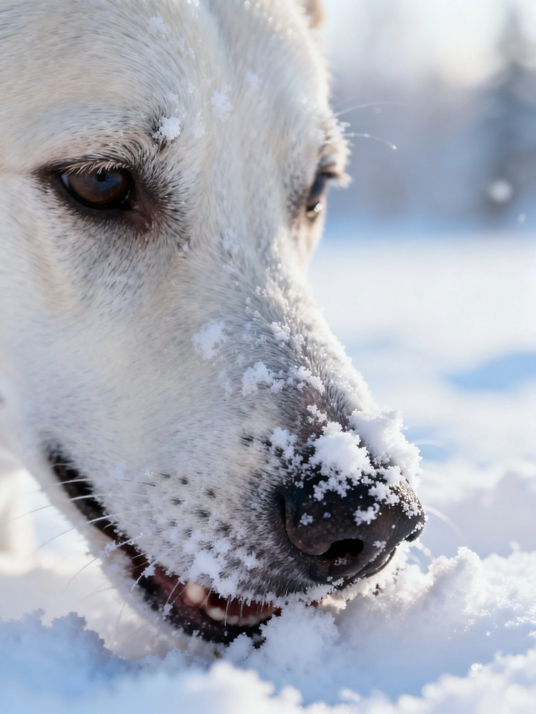 A white dog plays in snow with snow on its face.