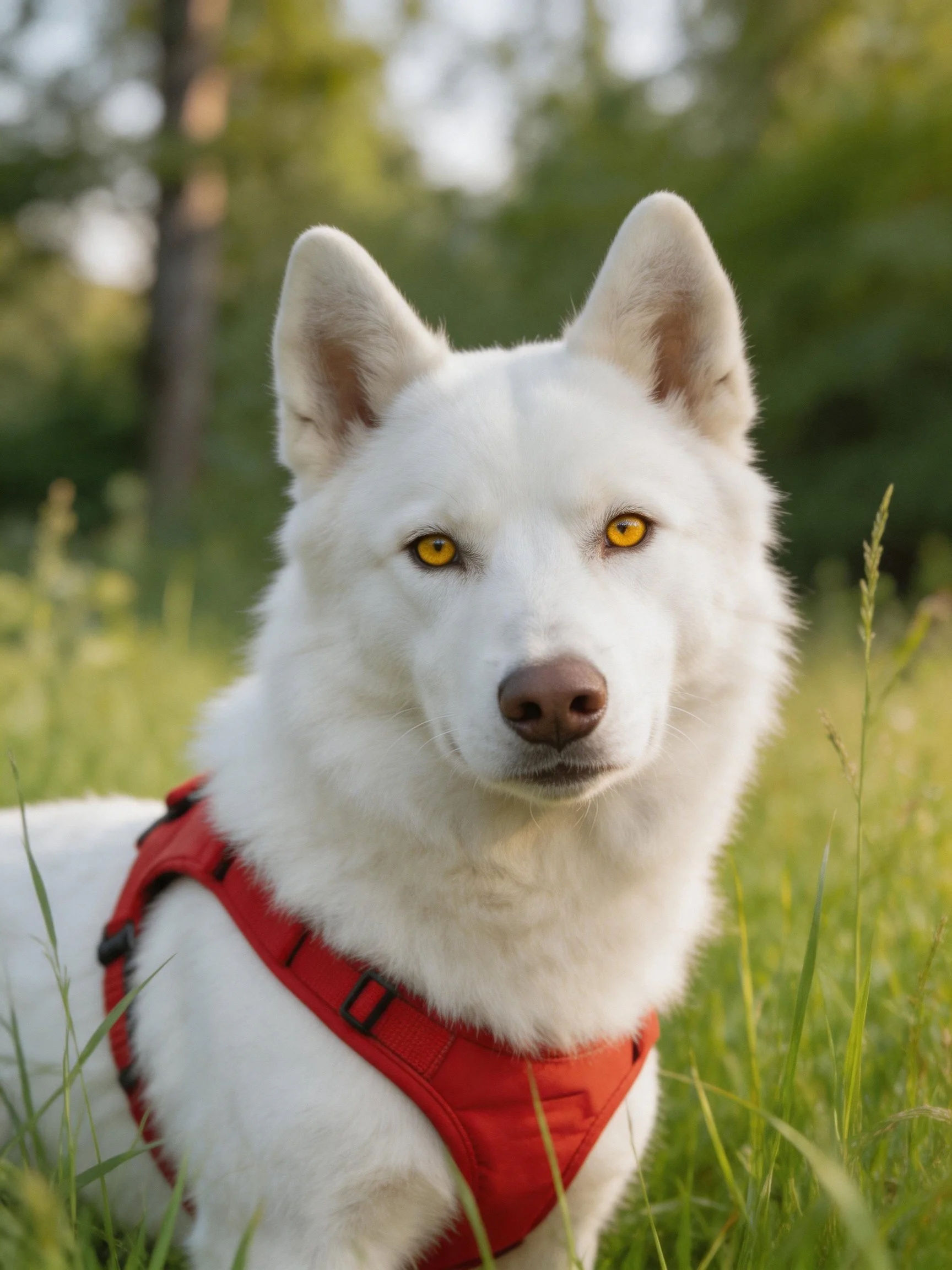 A white dog with yellow eyes wears a red harness amidst tall grass and trees.