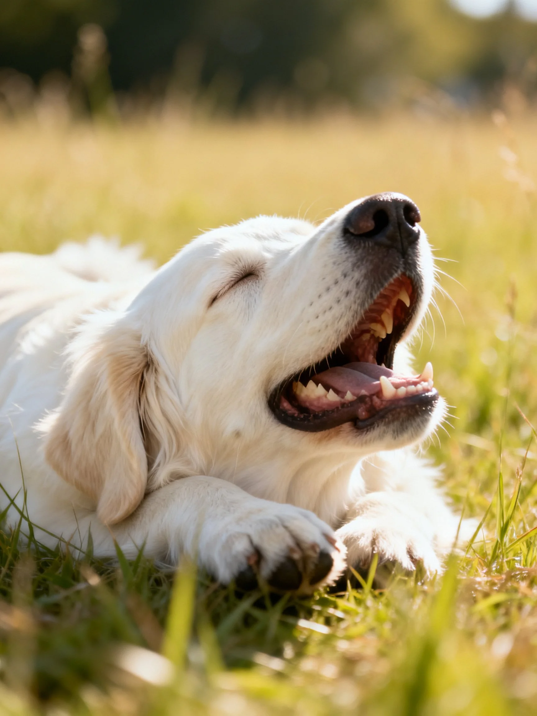 A white dog relaxes on grass, yawning with eyes closed.