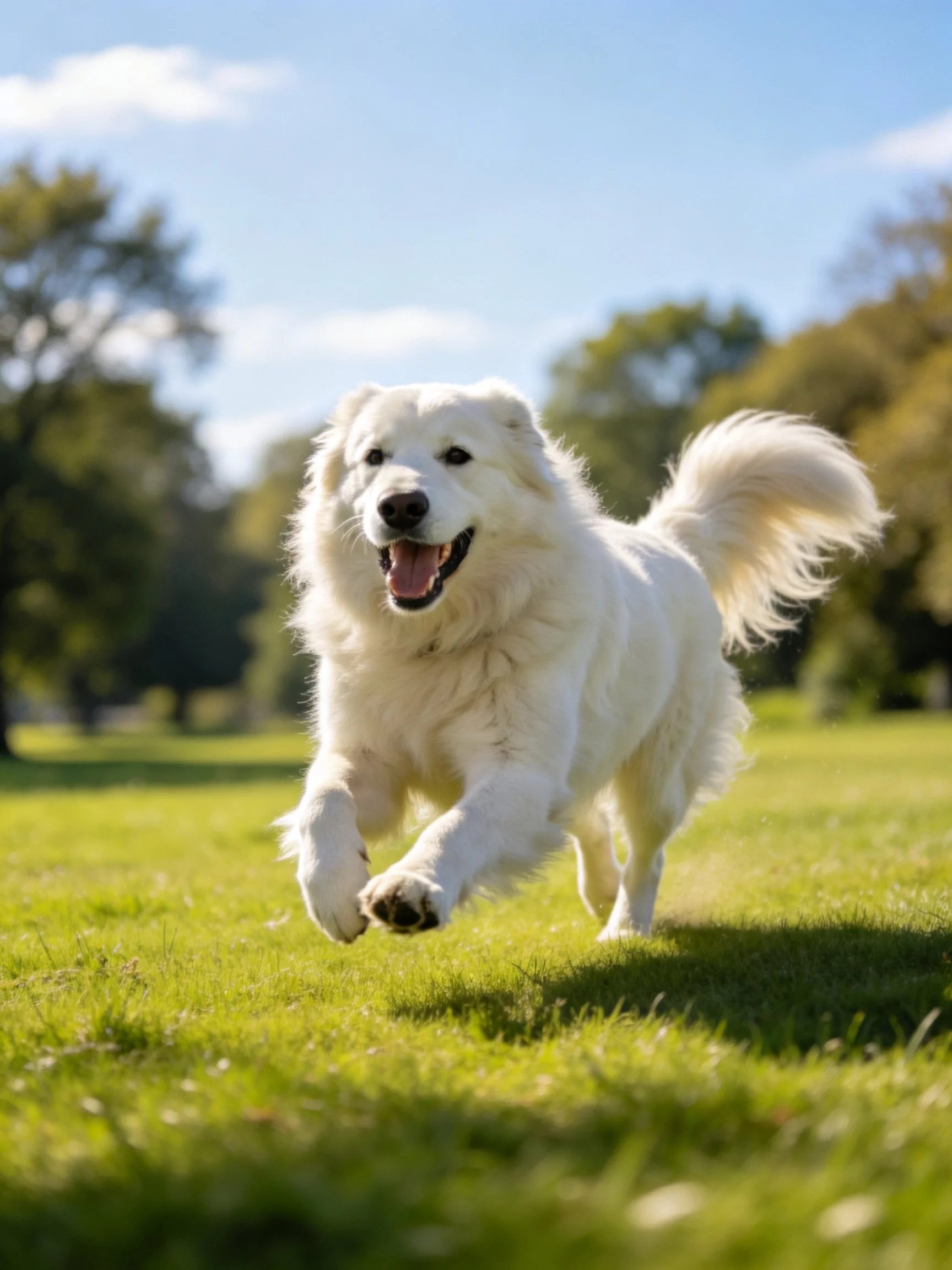 A white dog joyfully runs on green grass in a sunny outdoor space.