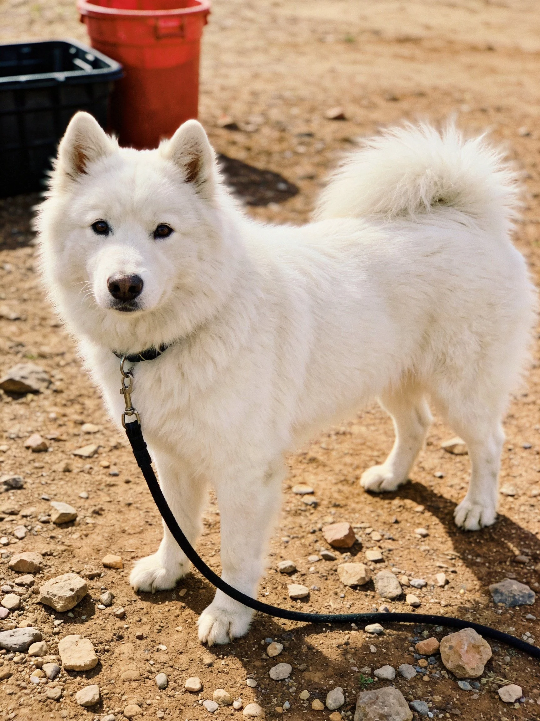 A white fluffy dog stands on rocky dirt with a leash attached.