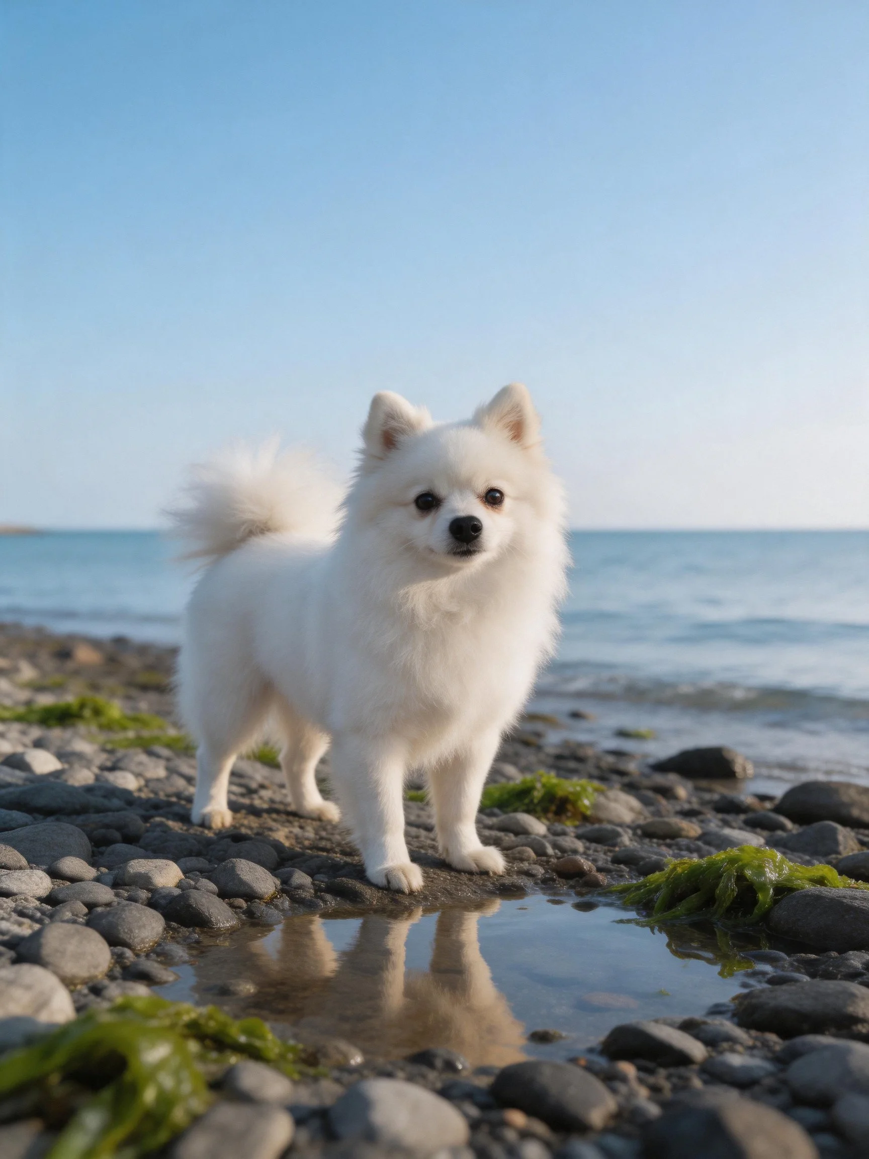 A white fluffy dog stands on a rocky beach near the ocean.