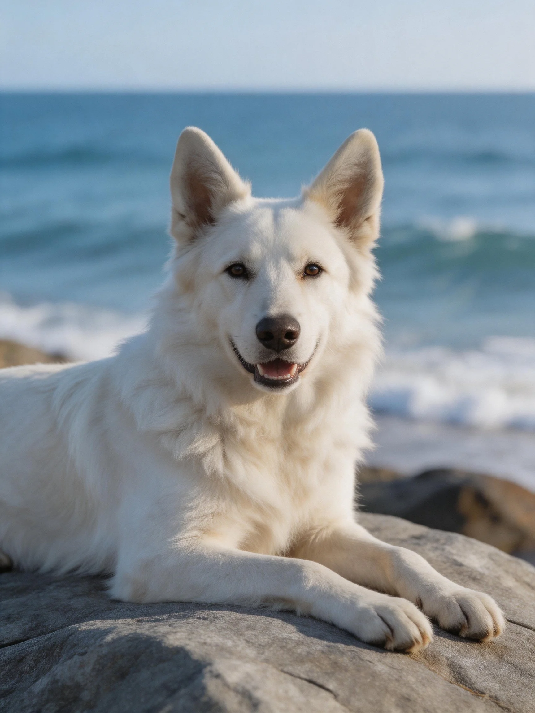 A white dog relaxes on rocks near the ocean under bright sunlight.