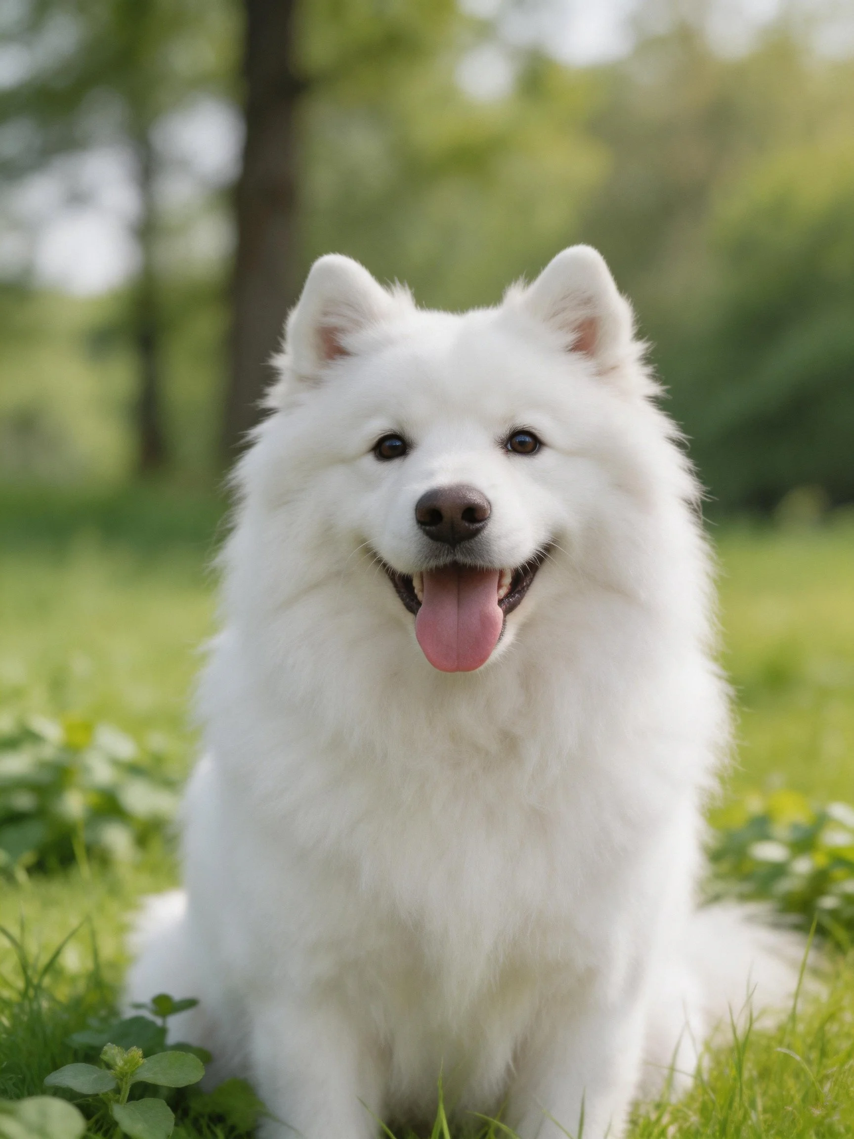A white fluffy dog sits happily on green grass amid nature.