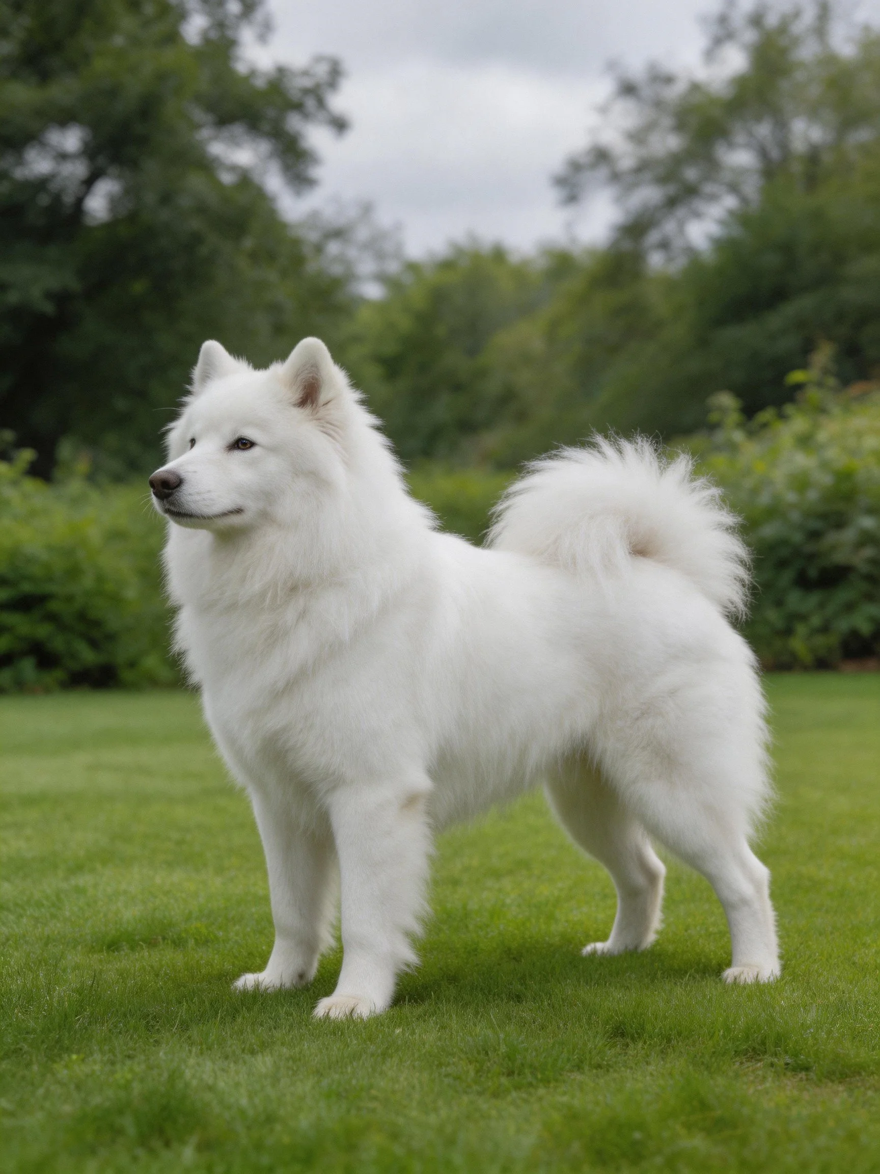 A white fluffy dog stands on a green lawn with leafy trees in the background.