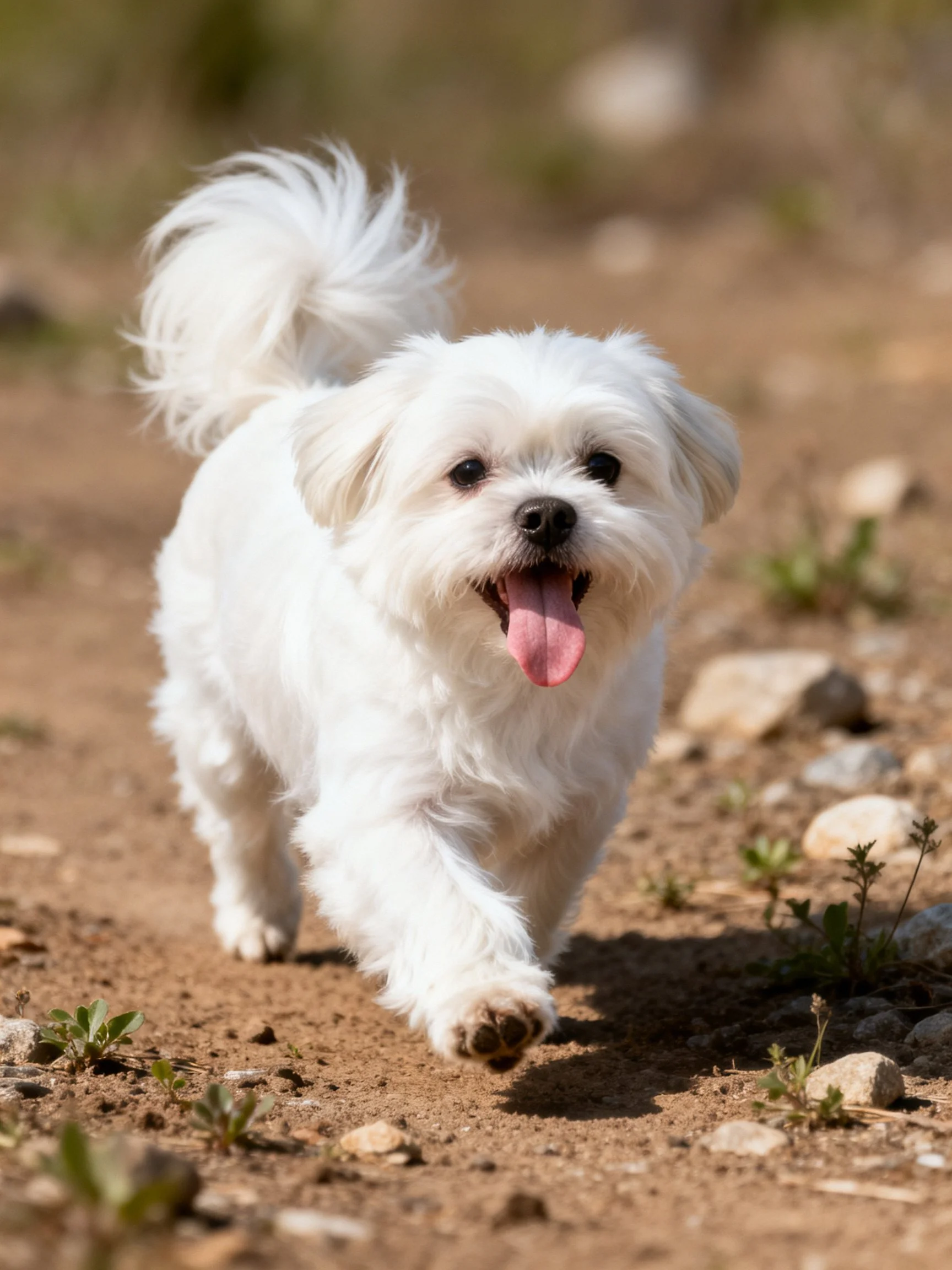 A small white dog happily runs on a rocky dirt path.