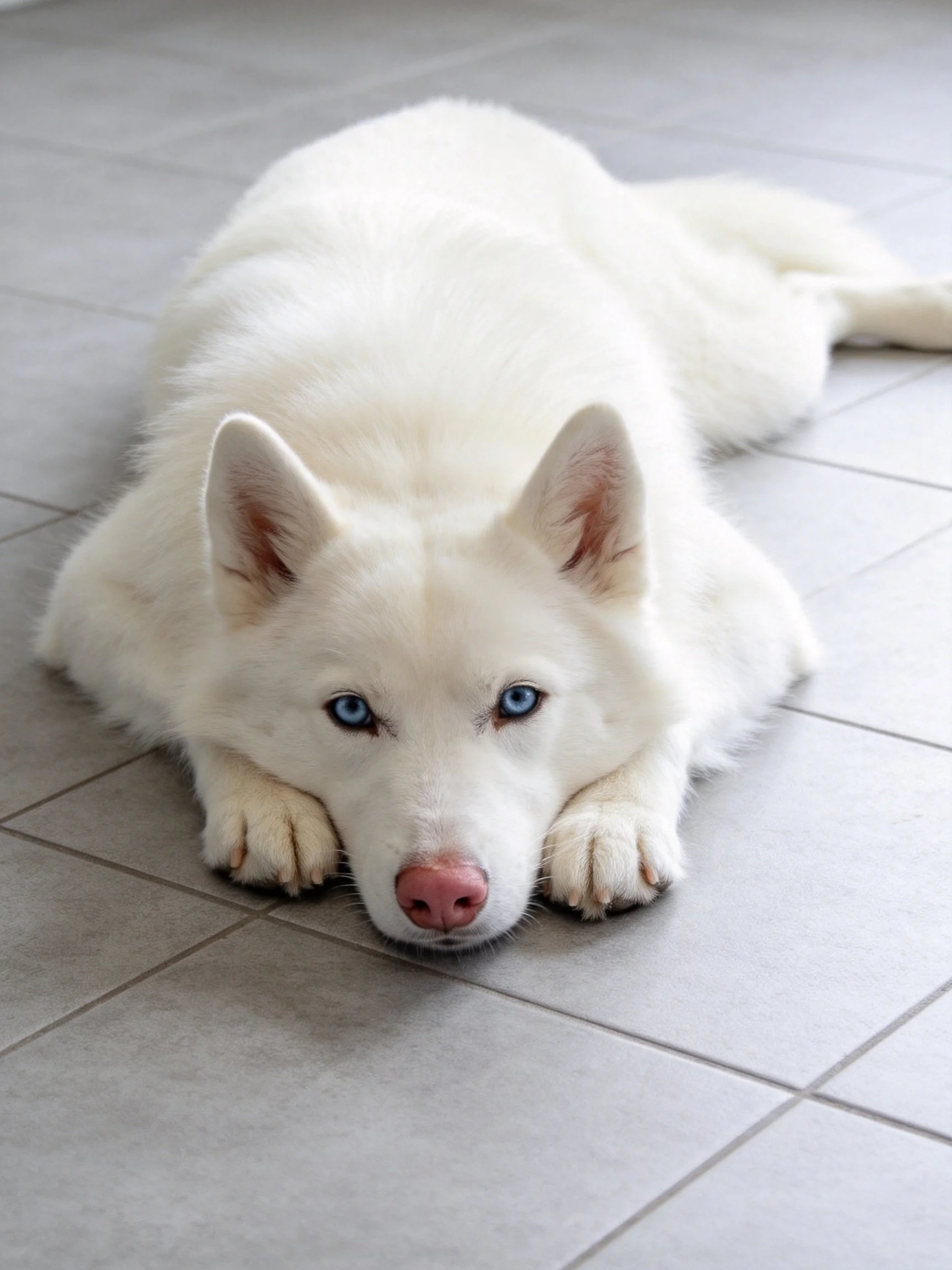 White dog with blue eyes lies on tiled floor