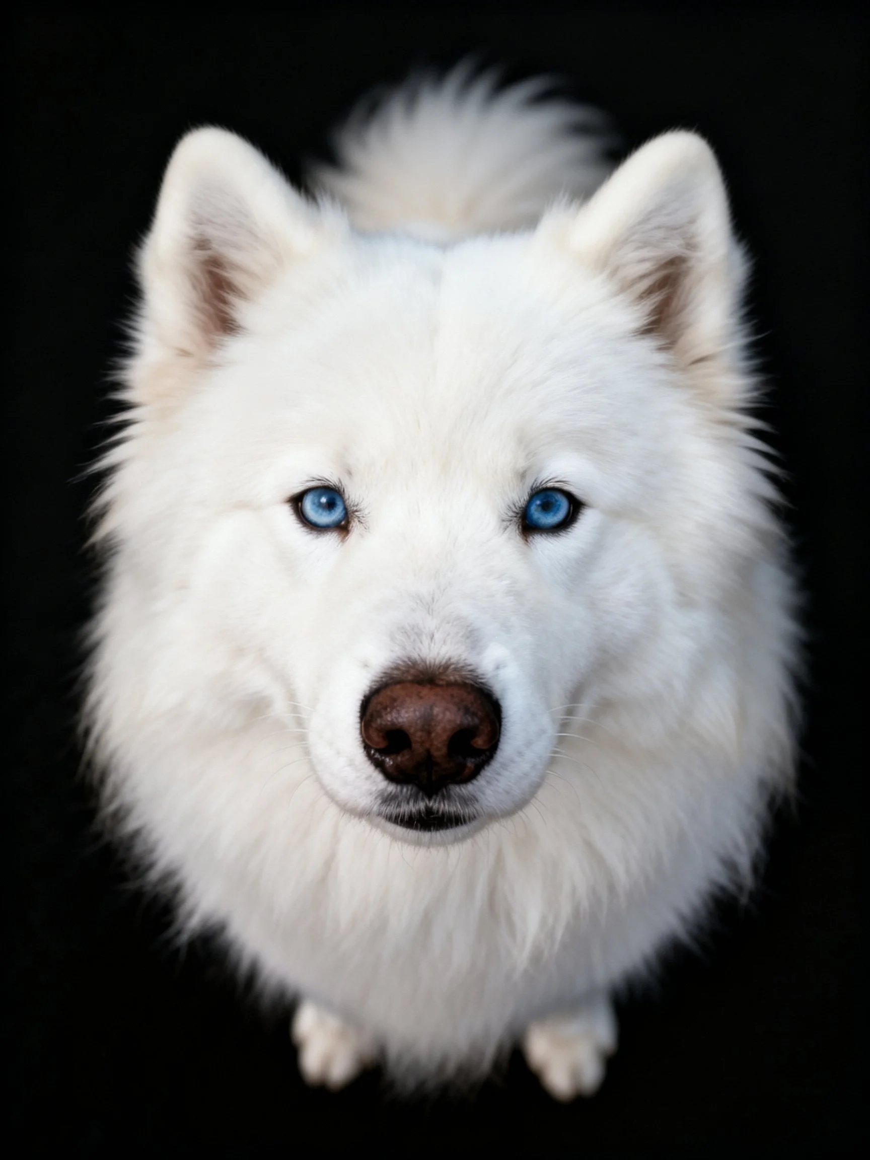 A white fluffy dog with bright blue eyes is shown against a black background.