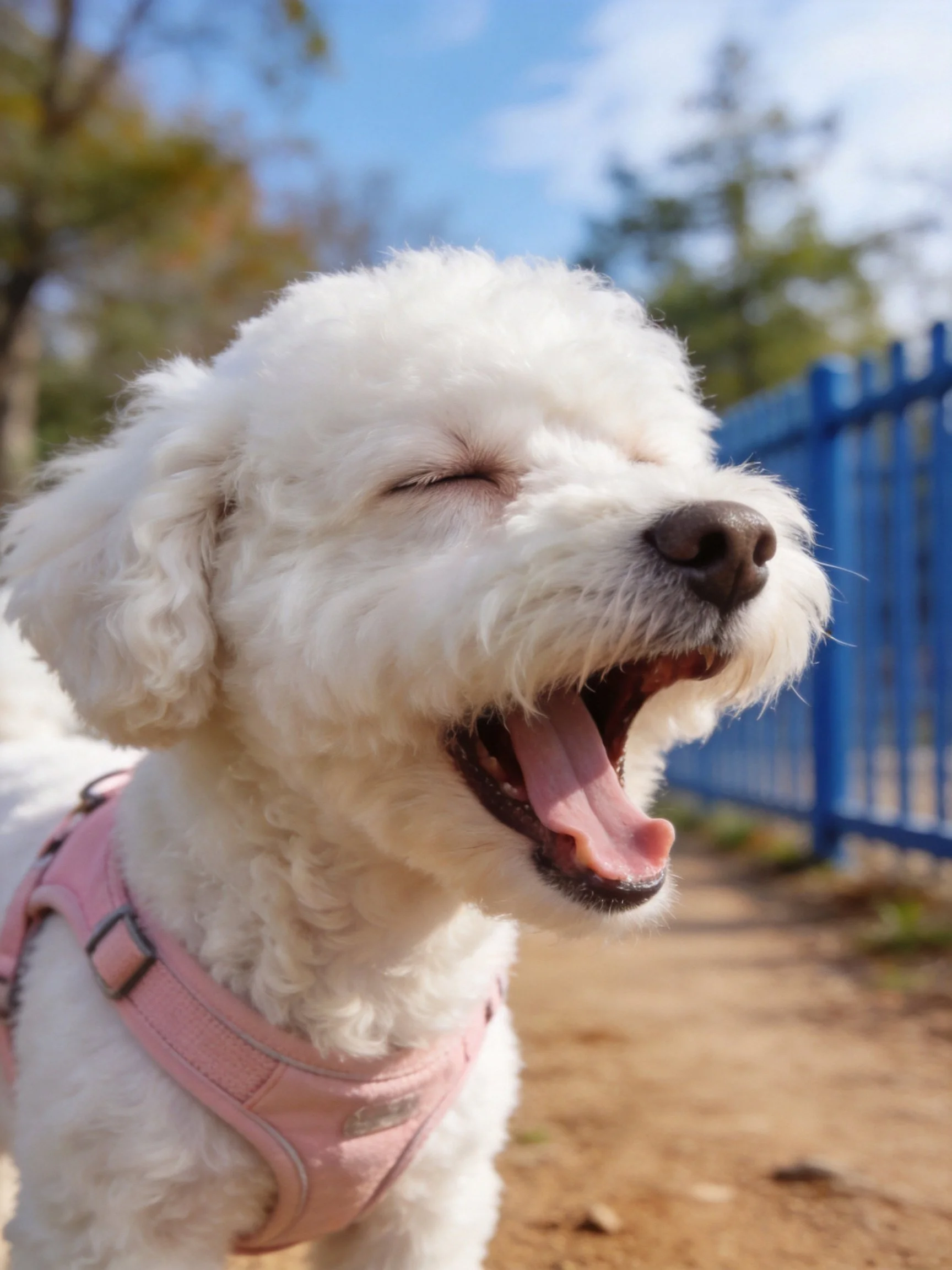 A white dog in a pink harness yawns happily outside.