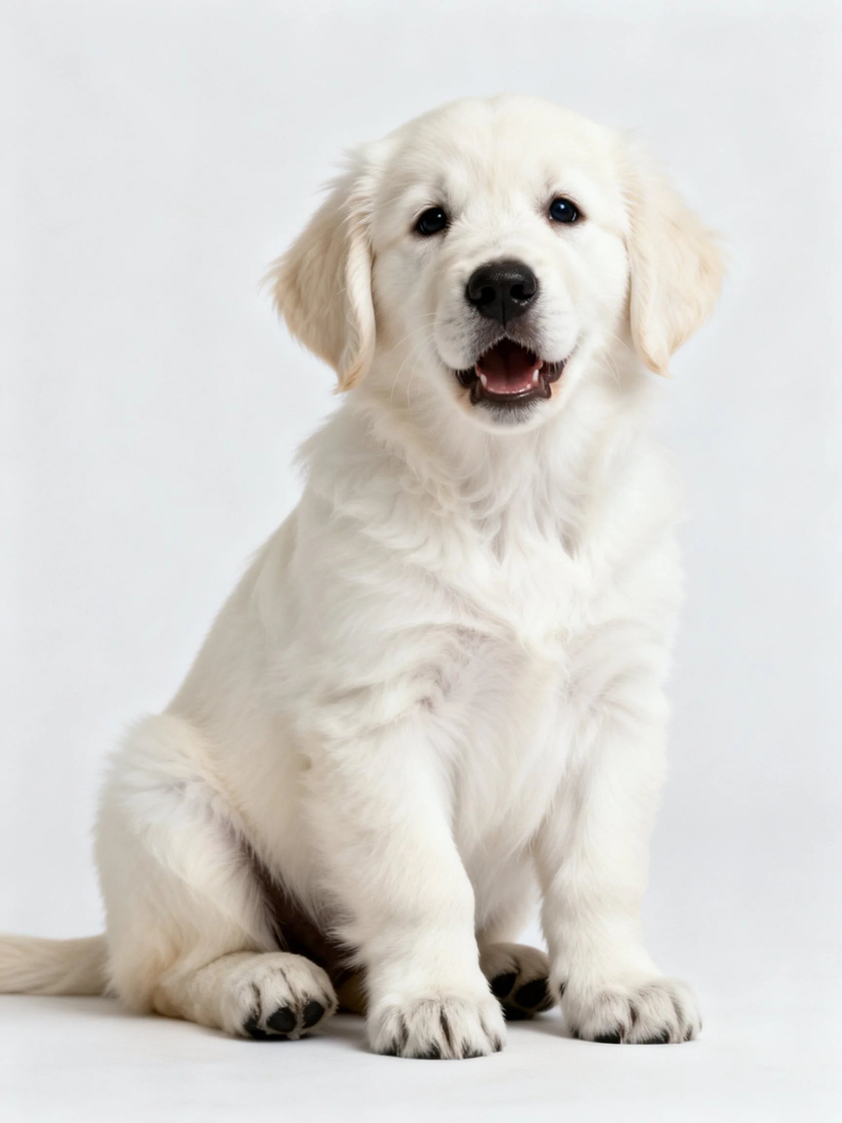 A white puppy with fluffy fur sits calmly on a plain backdrop.
