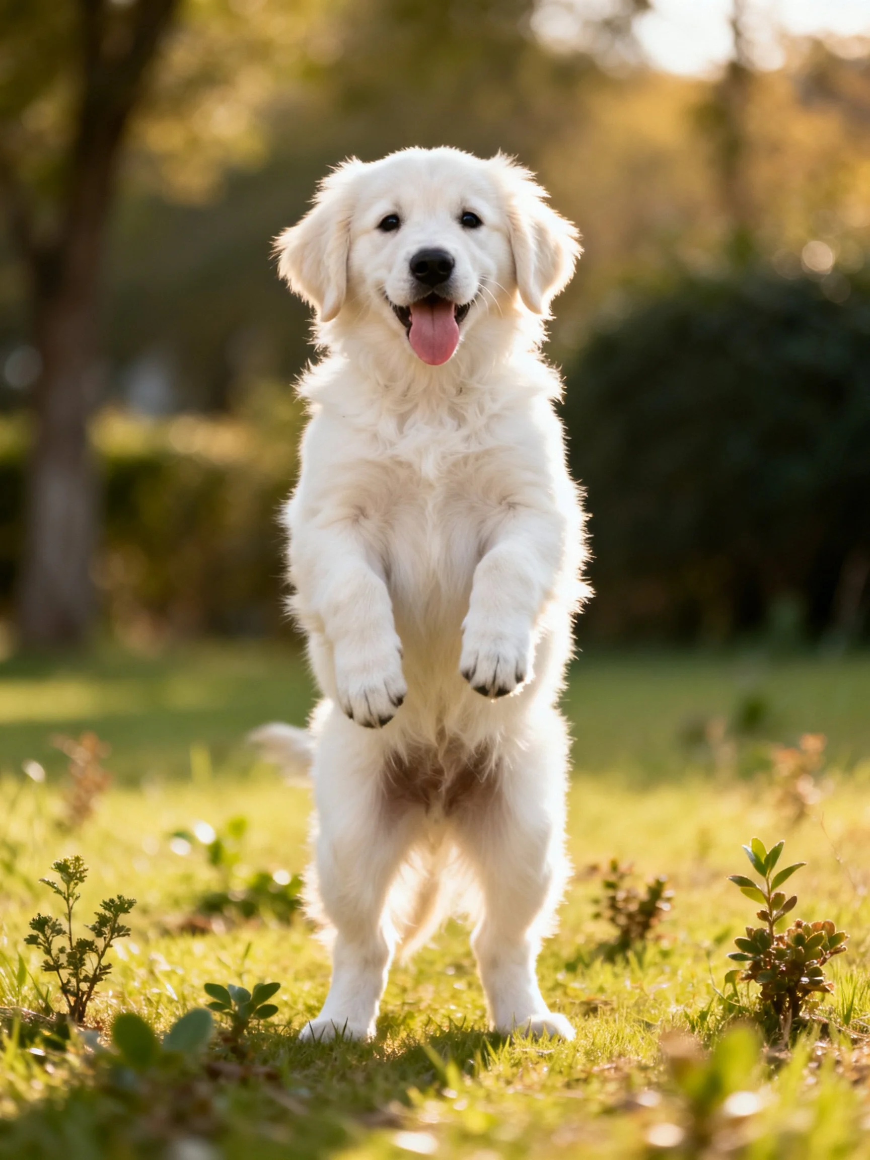 A white fluffy puppy stands on its hind legs in a sunlit grassy area.