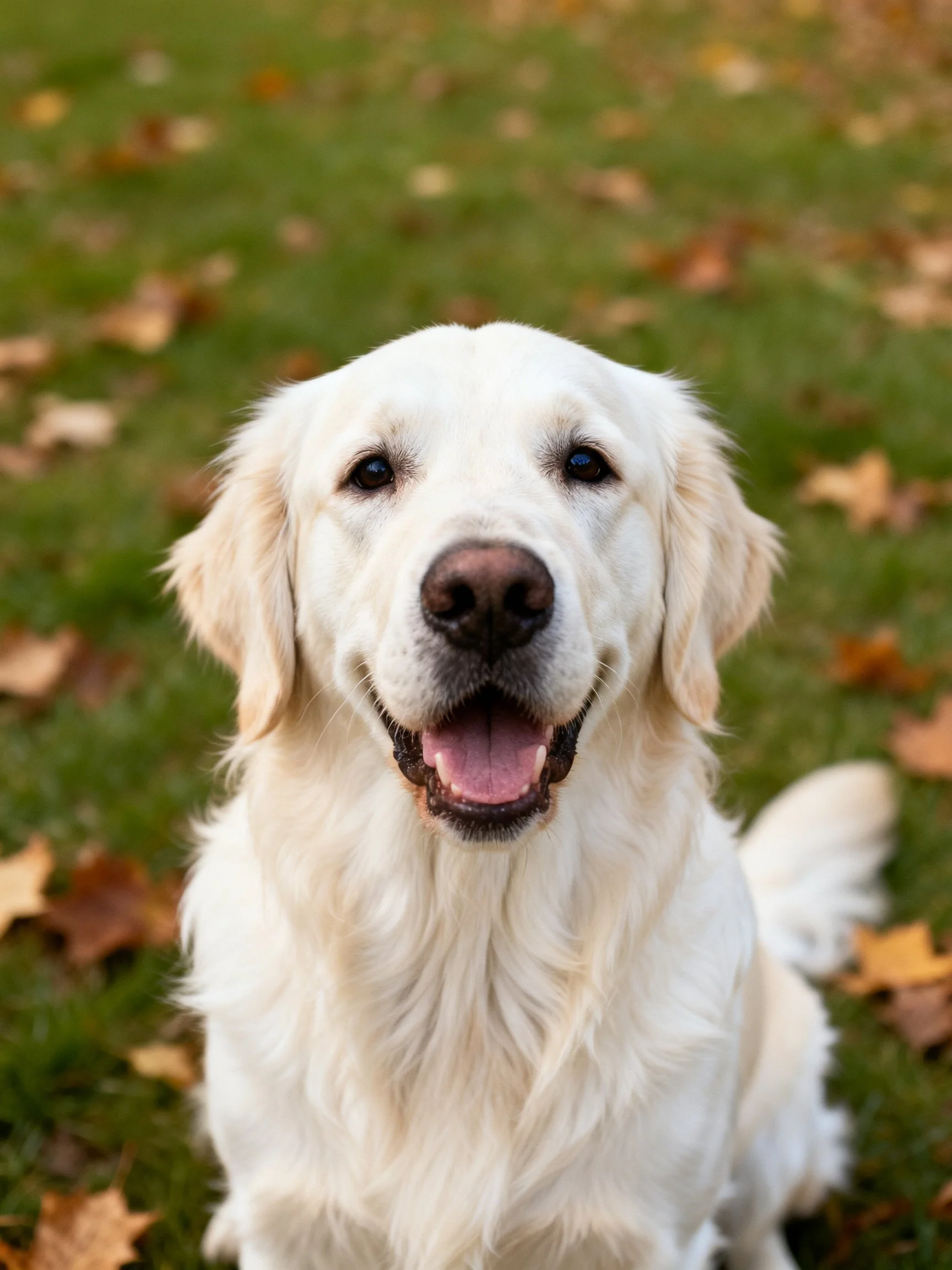 White golden retriever puppy sits on grass with autumn leaves.