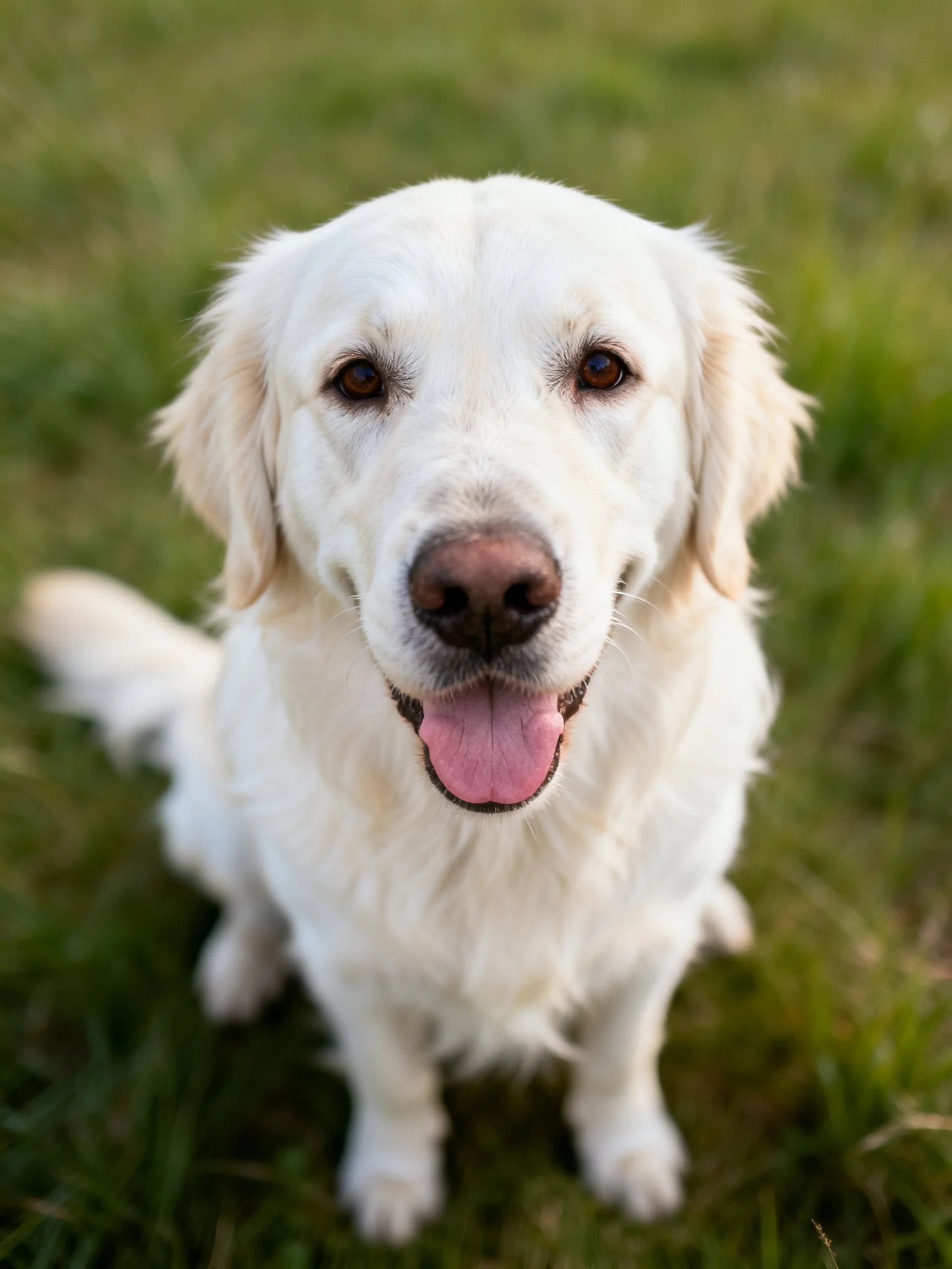 A happy white golden retriever sits on green grass.